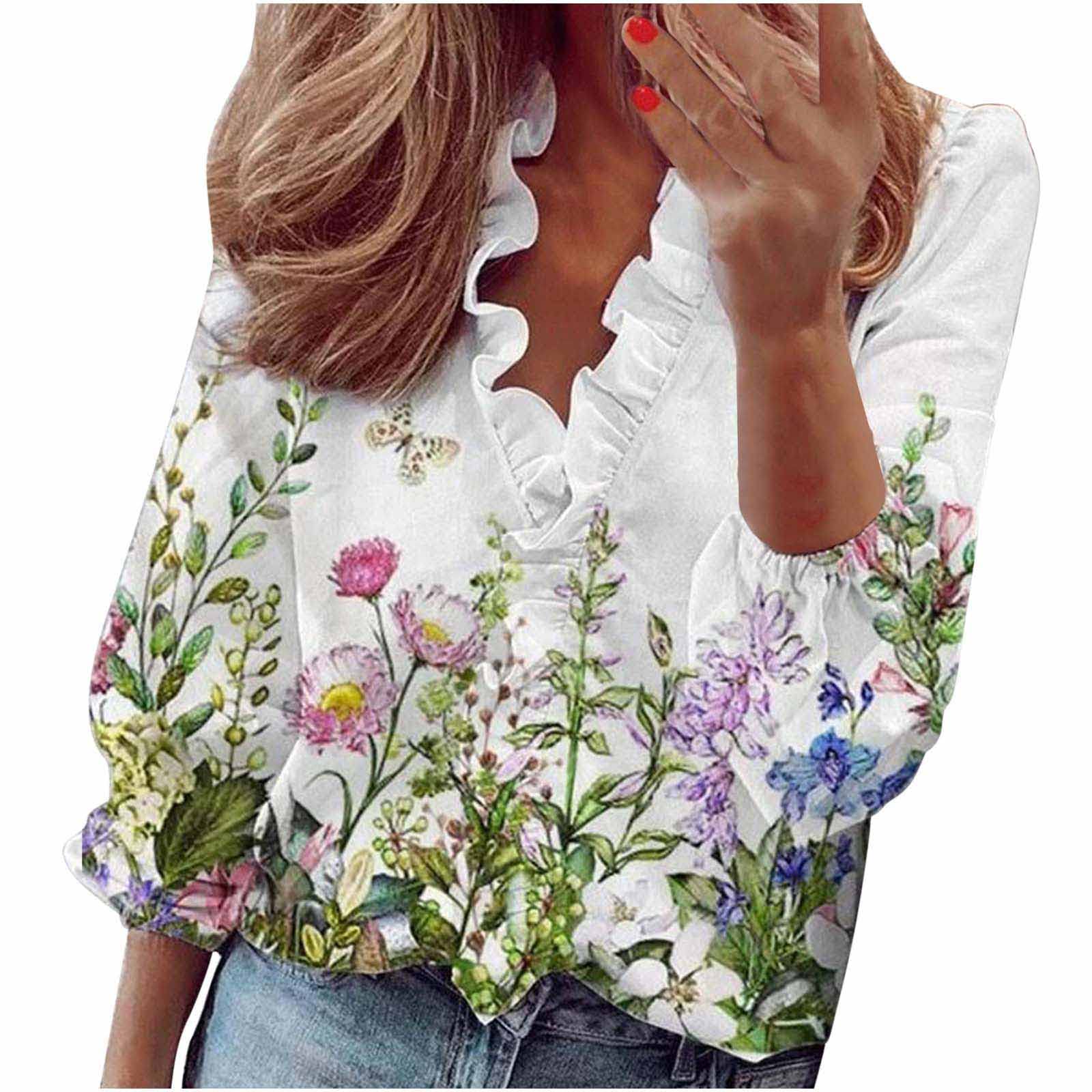 Women's Floral Print Long Sleeve Blouse - Elegant Ruffle V-Neck Loose Fit Casual Top for Vacation, Date Night & Office Wear | Summer Spring Fashion Tunic Shirt