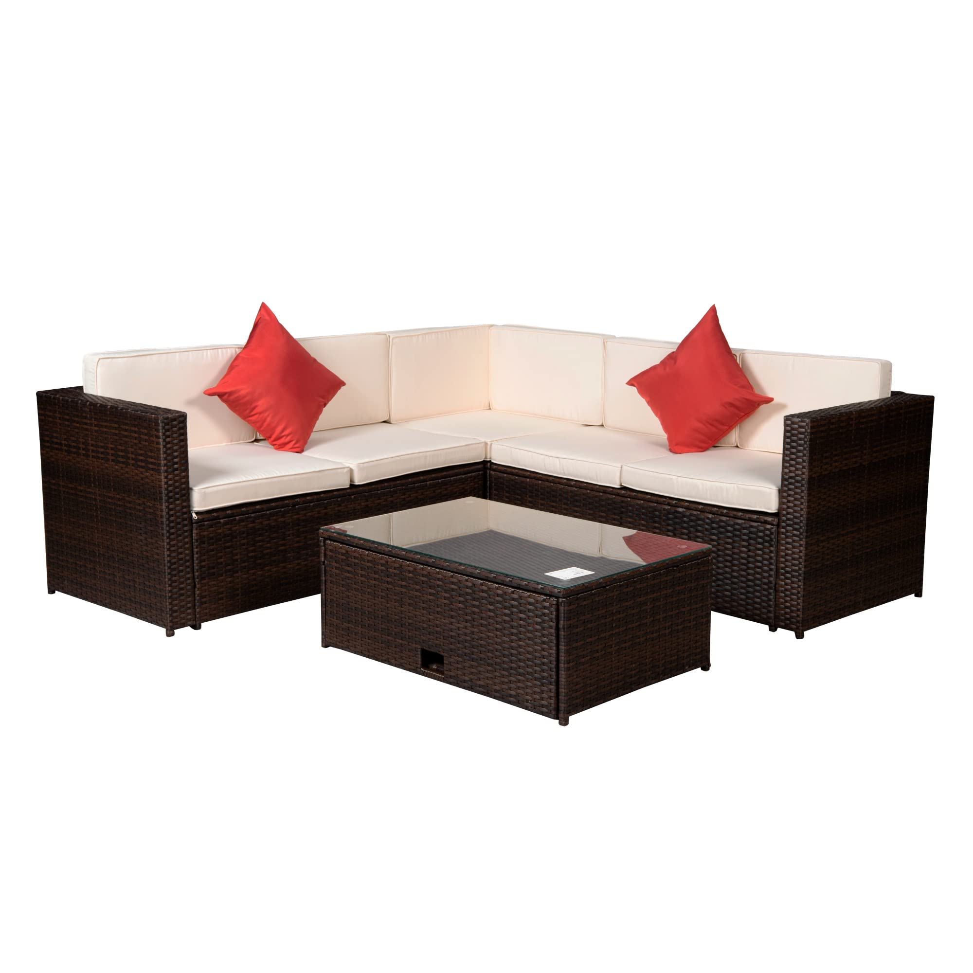 Premium 4-Piece Brown PE Rattan Patio Furniture Set - Outdoor Wicker Sectional Sofa with Navy Cushions & 2 Throw Pillows + Coffee Table - Perfect for Garden, Backyard, Poolside & Terrace Relaxation