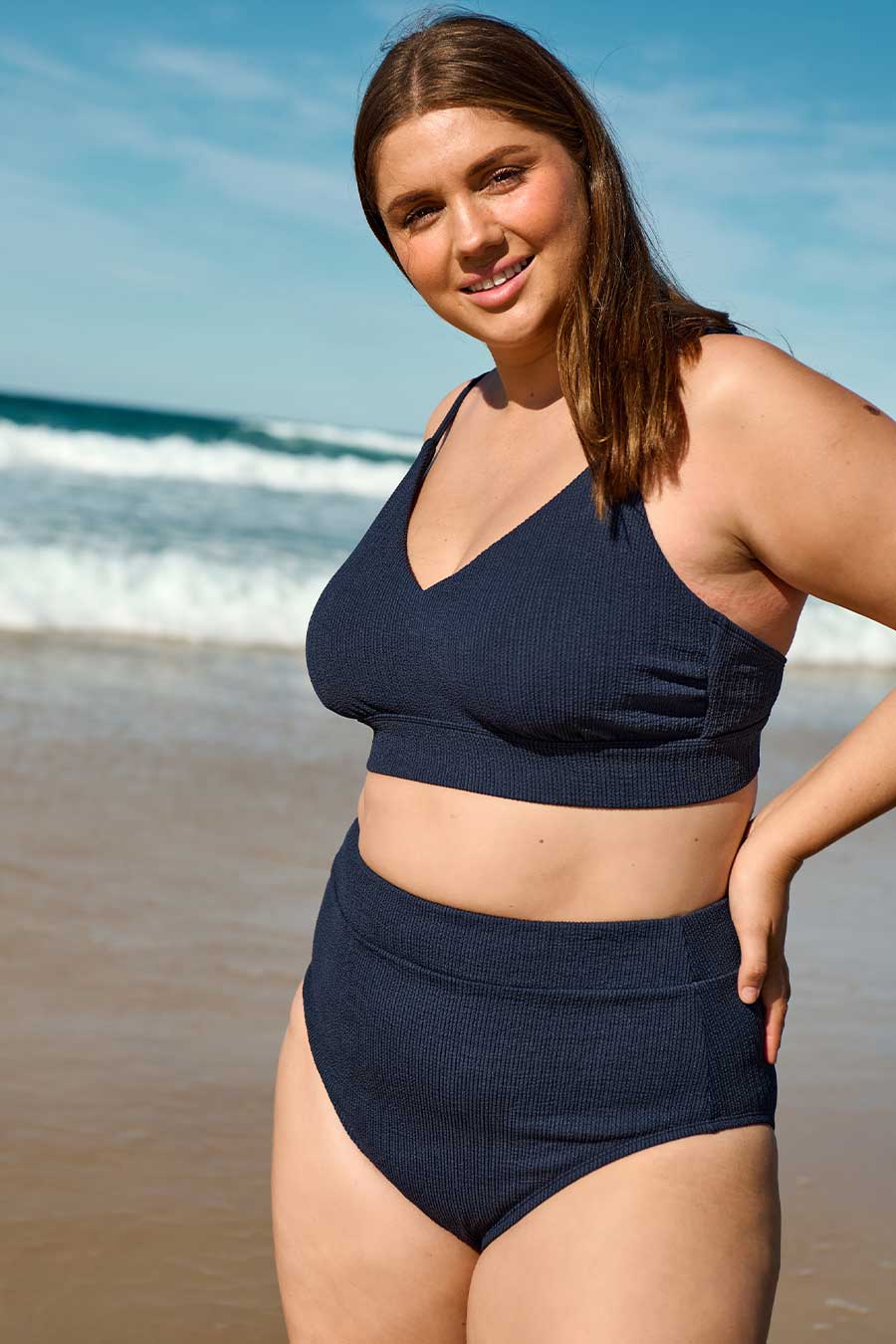 Byron High Waisted Bikini Bottom - Navy Textured Swimwear for Women | Perfect for Beach, Pool & Summer Vacations