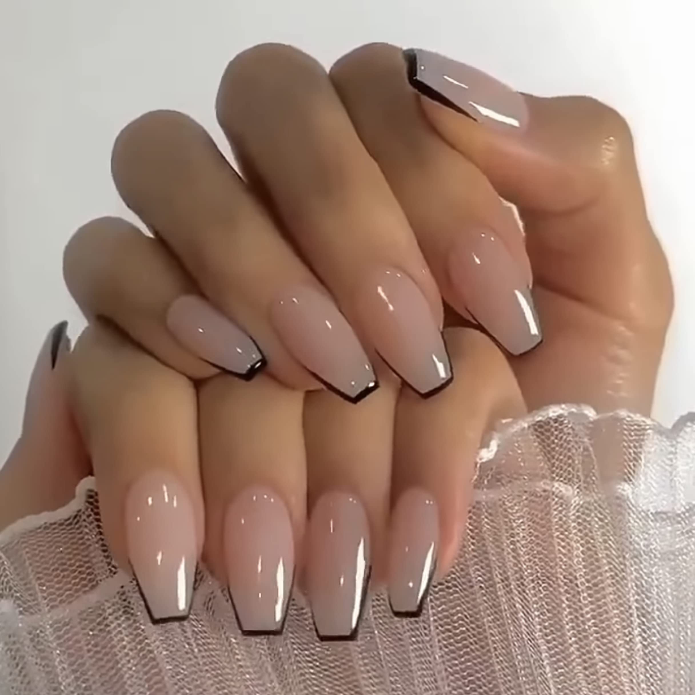 MERVF Black French Tip Ballerina Press-On Nails - Medium Length Acrylic Fake Nails with Glossy Finish (24pcs) | Perfect for Parties, Weddings & Special Occasions