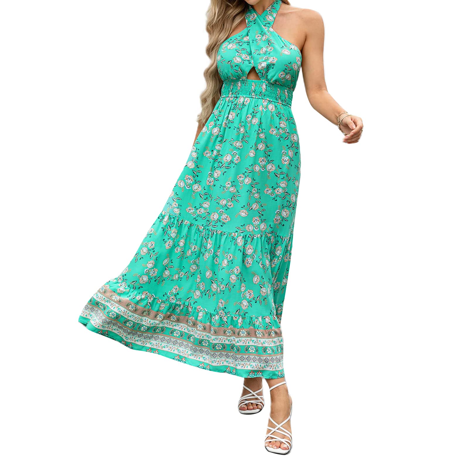 Women's Floral Criss Cross Halter Neck Summer Dress - Sleeveless Backless Cut Out A-Line Maxi Dress for Beach, Vacation & Party Wear
