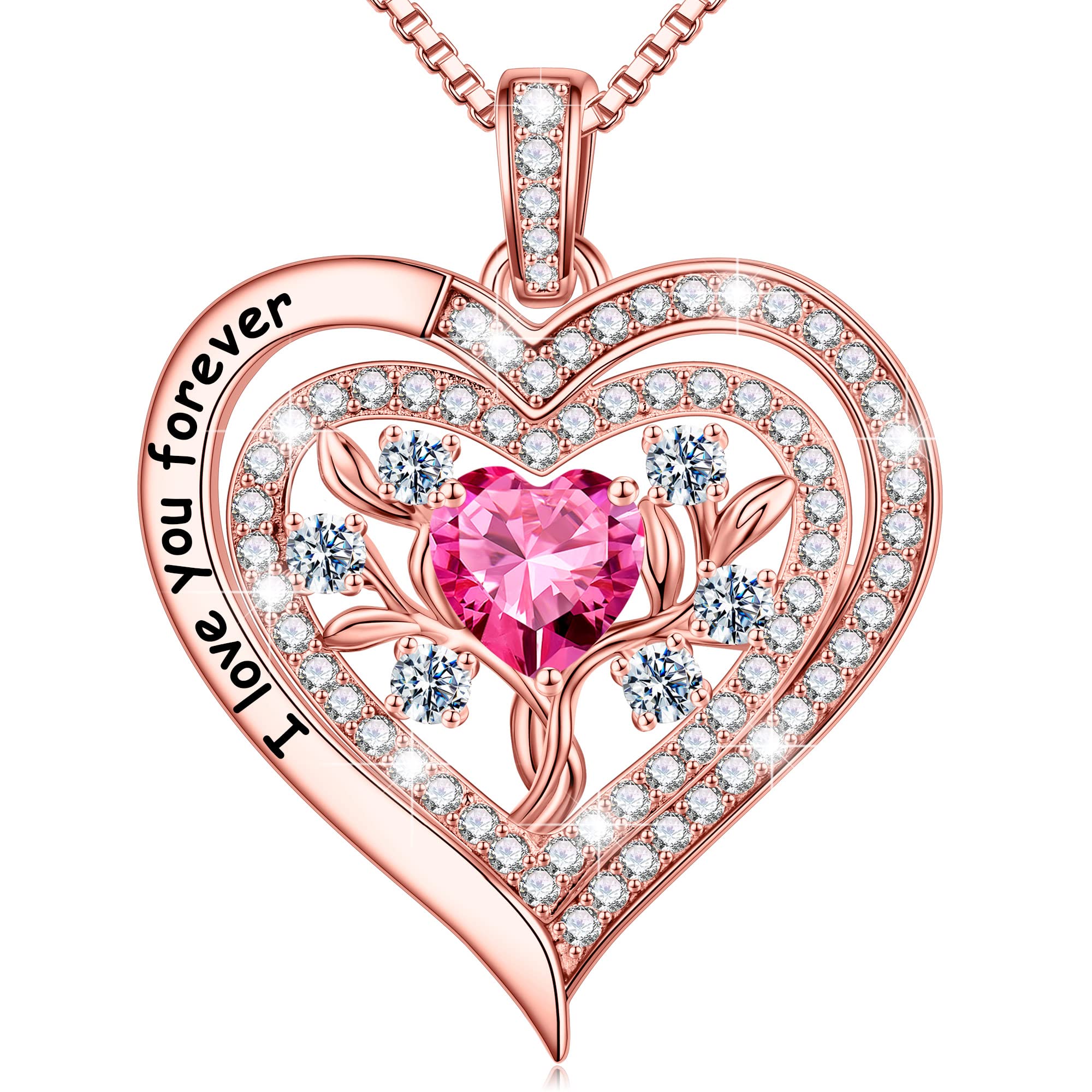 Tree of Life Birthstone Necklace - Sterling Silver 925 Heart Pendant Jewelry for Women, Wife, Grandma & Girls | Personalized Birthday, Mother's Day Gift Idea for Her | Perfect for Special Occasions & Everyday Wear
