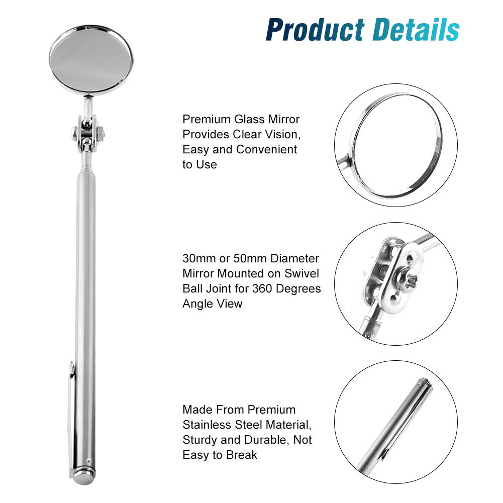 Retractable Telescopic Inspection Mirror for Automotive & Mechanics - 30x600mm Round Handle with Pen Clip | Perfect for Engine Repair, Under-Car Inspections & Hard-to-Reach Areas