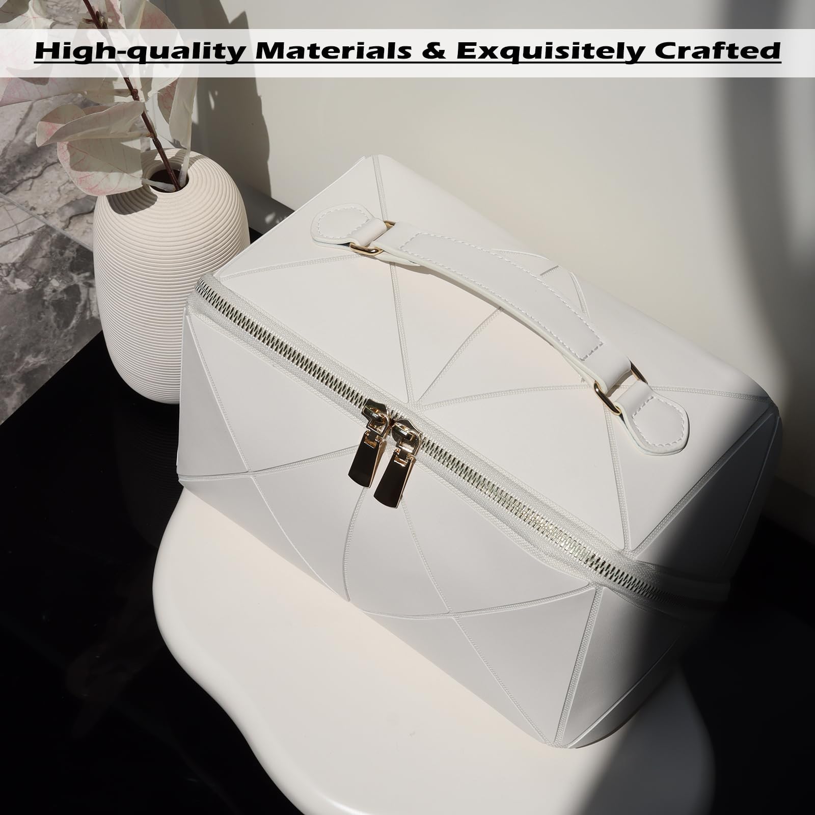 IMCUZUR Large Travel Makeup Bag for Women - Waterproof Cosmetic Organizer with Handle, Portable Flat Open Skincare Case (White) | Perfect for Vacation, Gym & Daily Beauty Essentials Storage