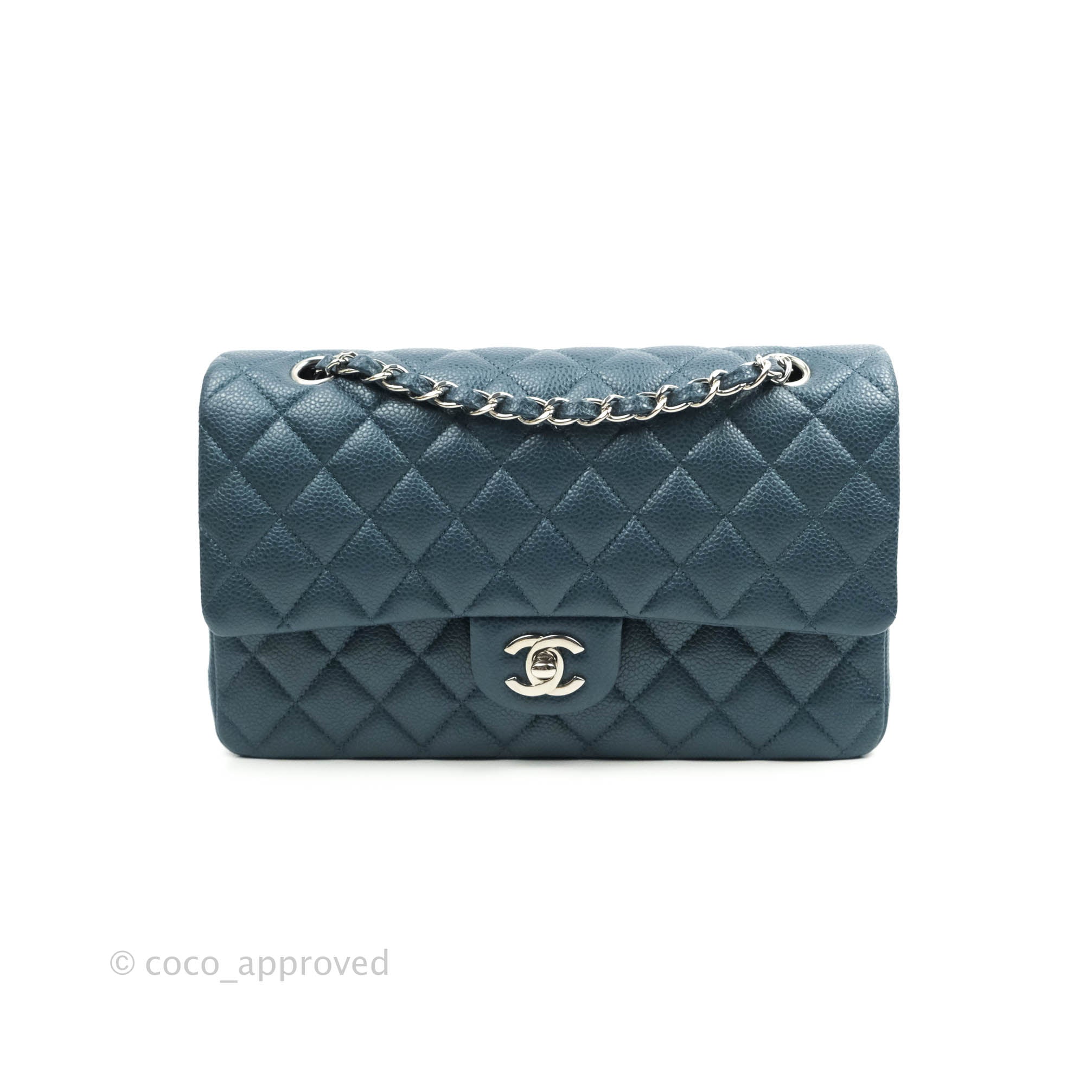 Chanel Classic M/L Medium Double Flap Bag in Pearly Blue Caviar Leather with Silver Hardware - Luxury Handbag for Women, Perfect for Parties, Work & Everyday Use