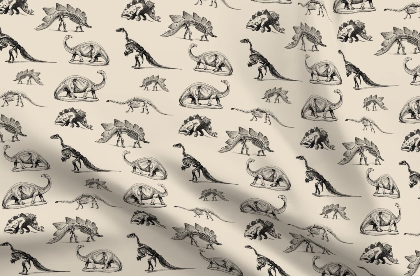 Premium Spoonflower Upholstery Velvet Fabric by The Yard - Black & Cream Animal Skeletons & Dino Stegosaurus Print for Nursery Decor, Home Upholstery, and Apparel | Perfect for DIY Projects, Kids' Rooms, and Fashion Design