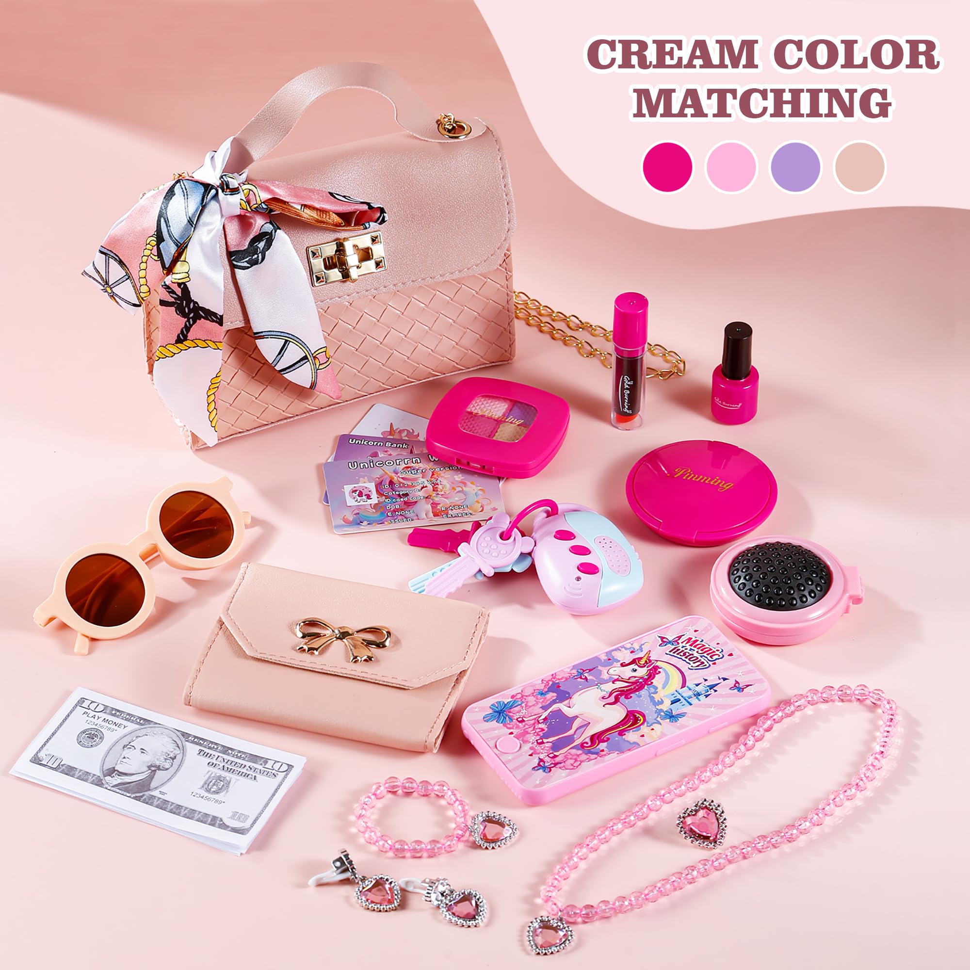36PCS Princess Pretend Play Set for Girls - Cosmetic Bag, Handbag, Wallet, Mobile Phone & Keys - Perfect Birthday Gift for 3-8 Year Old Girls | Role Play, Dress Up & Imaginative Play Toys