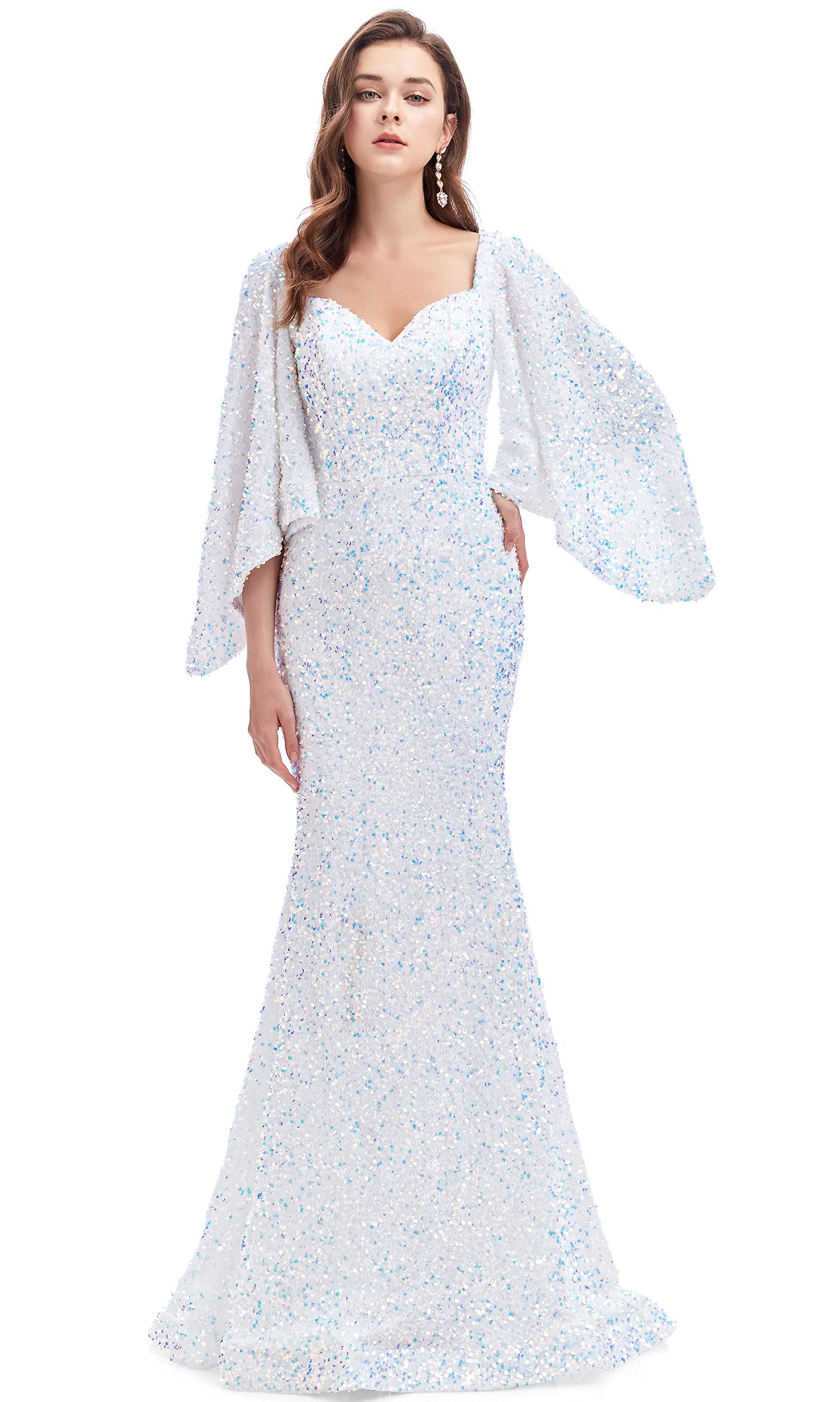 Sparkling Women's V-Neck Sequin Mermaid Evening Dress with Long Sleeves - Elegant Prom, Gala & Formal Party Gown for Special Occasions