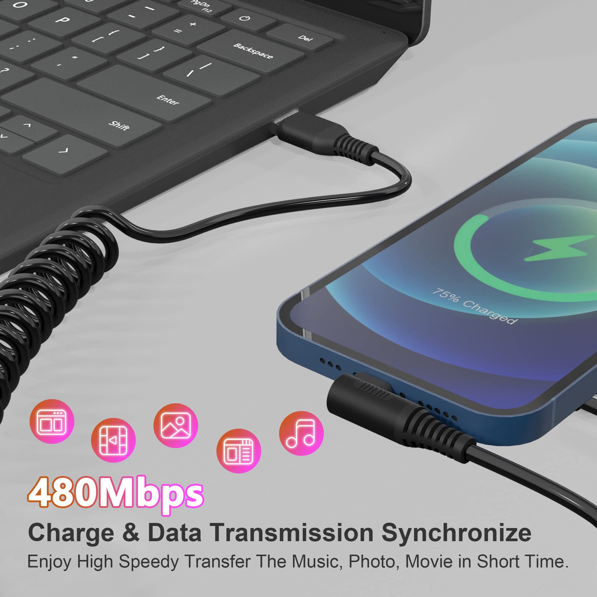 MFi Certified Right Angle Lightning Cable - 2.4A Fast Charging & Data Sync - Coiled CarPlay Charger for iPhone 13/12/11/Pro/X/XS/Max/Plus - Perfect for Car Dashboard & Tight Spaces
