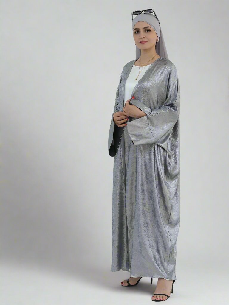Celine Shimmer Kimono Open Abaya - Elegant Silver Muslim Abaya Dress for Women | Perfect for Prayer, Special Occasions & Evening Wear