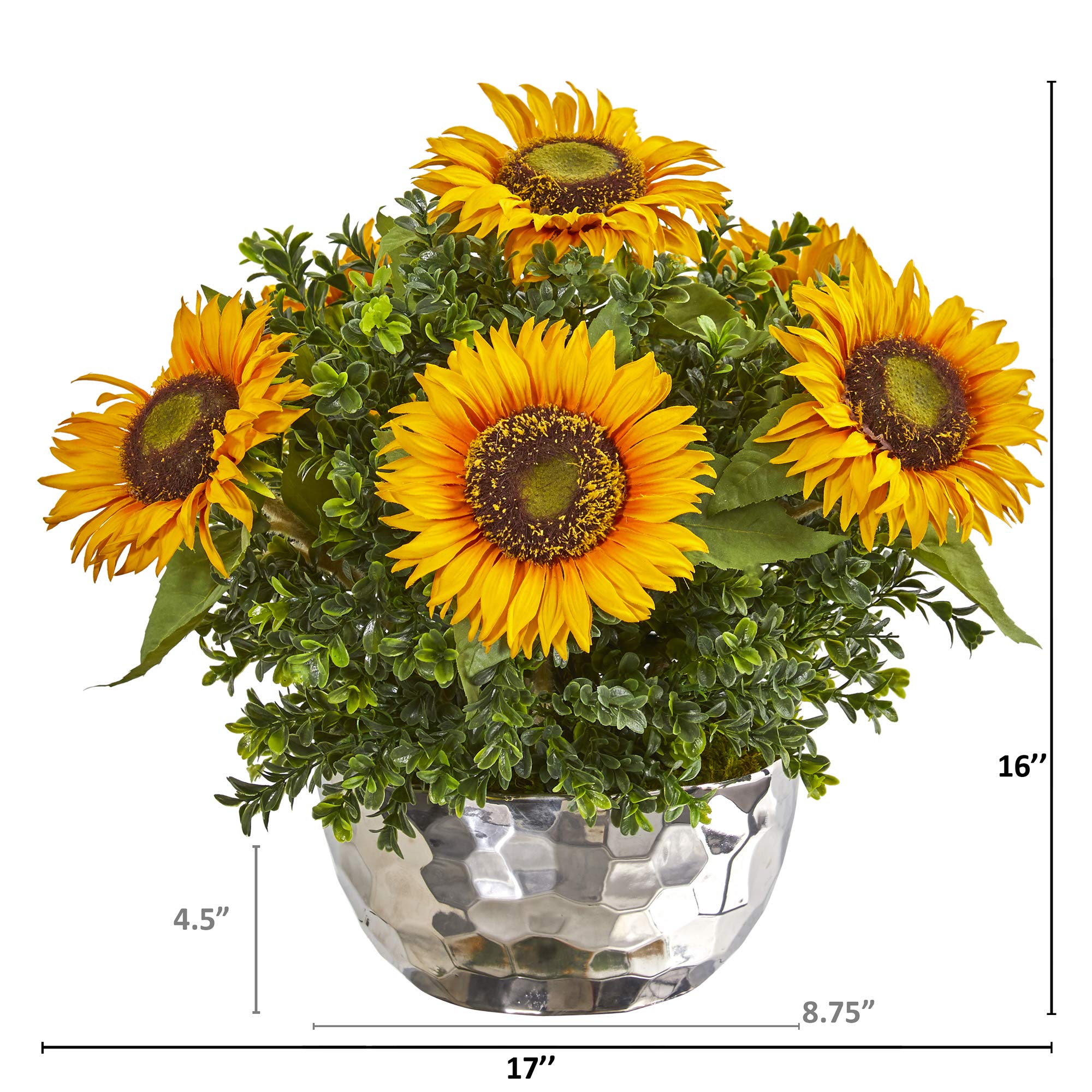Nearly Natural Artificial Sunflower Silk Flower Arrangement in Silver Vase - Yellow Home Decor for Living Room, Office, Wedding Centerpiece