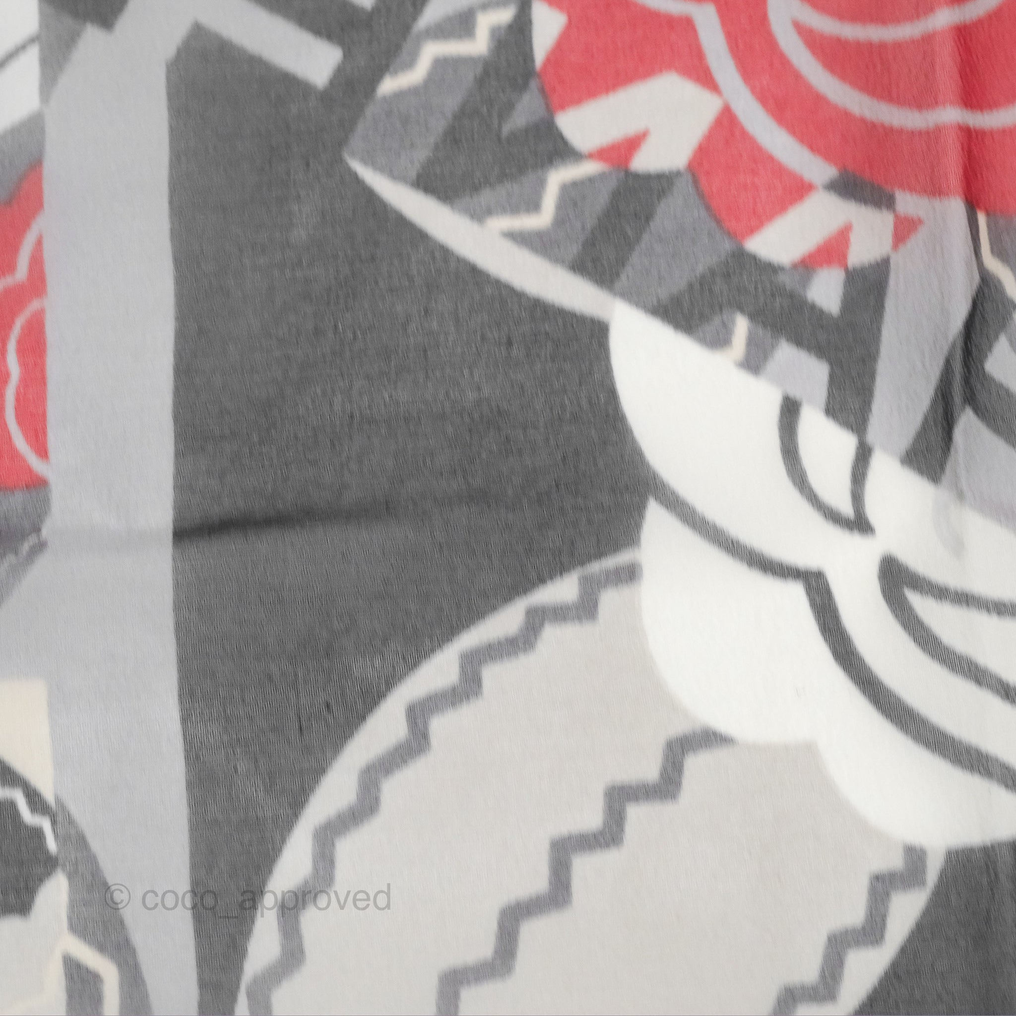 Chanel CC Silk Square Scarf 90 - Elegant Grey Red White Pattern - Luxury Fashion Accessory for Women - Perfect for Gifts, Parties, and Everyday Style