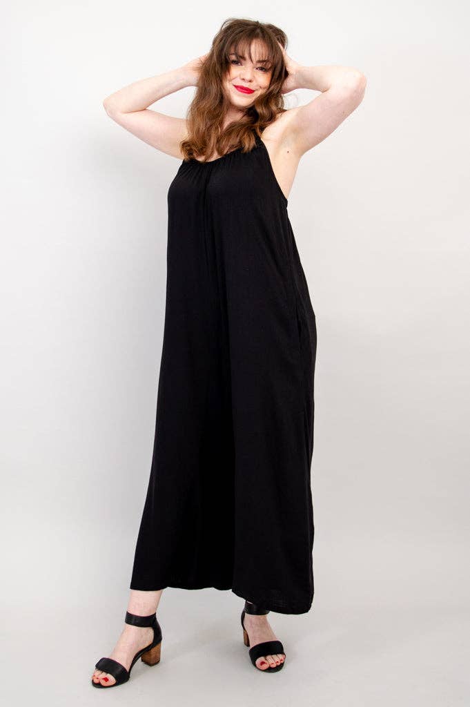Joanna Black Linen Bamboo Jumpsuit for Women - Comfortable Summer Romper with Pockets - Perfect for Beach, Vacation & Casual Outings