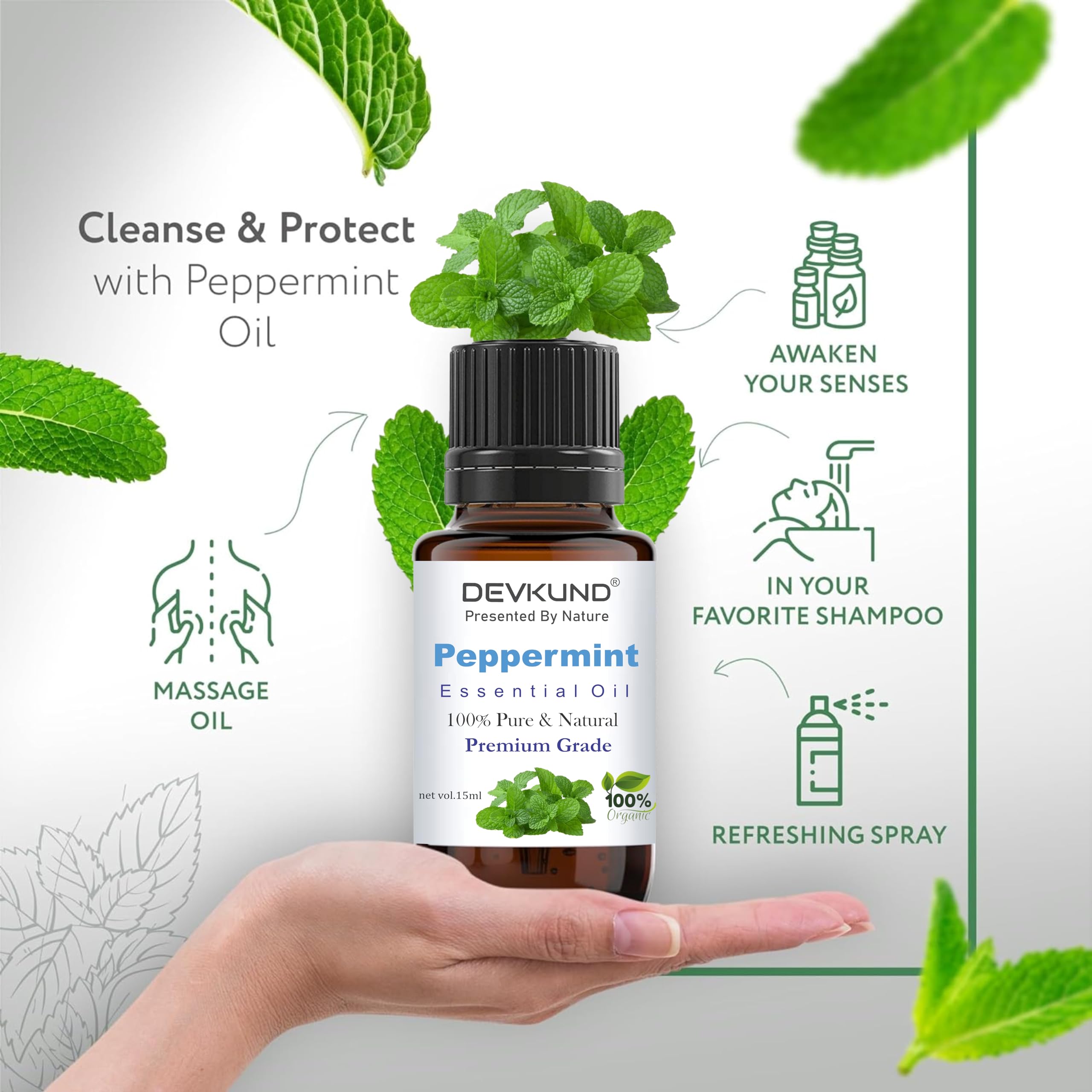 **Devkund Peppermint Essential Oil – 100% Pure, Natural & Organic for Skin, Hair & Scalp Care | Cooling & Refreshing Aromatherapy Oil for Face & Body | 15ml | Perfect for Relaxation, Massage & DIY Beauty**
