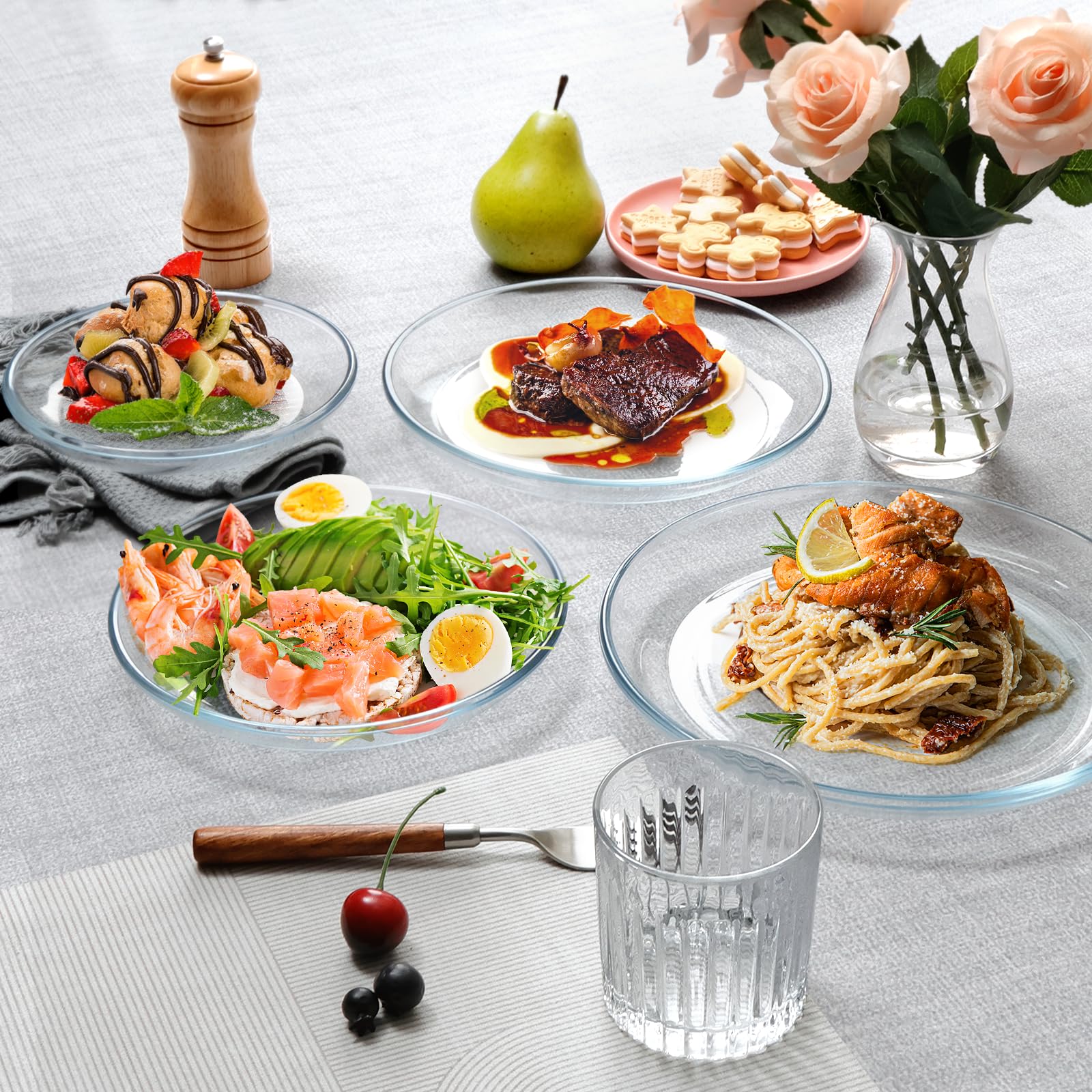 NUTRIUPS 4 Pack 10 Inch Clear Tempered Glass Dinner Plates - Durable Microwave & Dishwasher Safe Serving Dishes for Pasta, Salad, Desserts - Perfect for Restaurants, Dinner Parties & Everyday Use