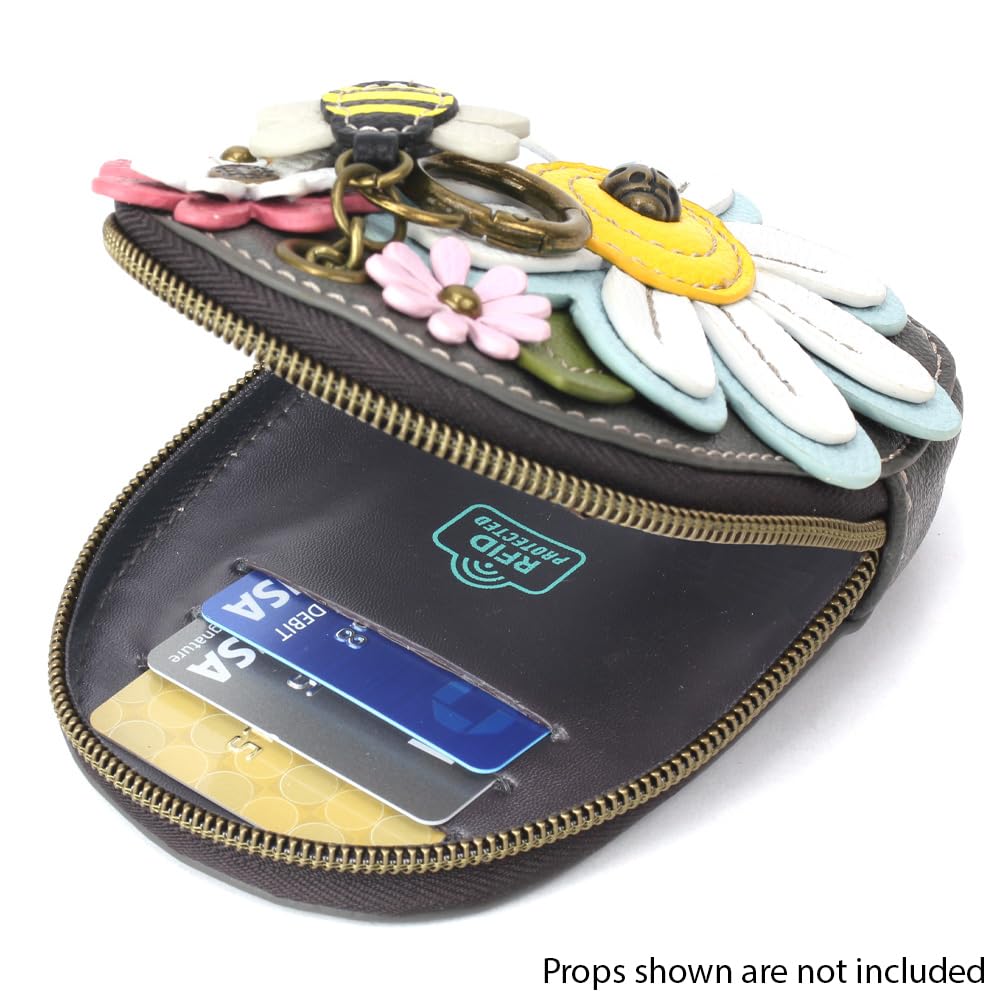 CHALA Mini Coin Purse Keychain for Women - RFID Blocking Card Holder & Small Wallet with Daisy Design (Gray) - Perfect for Keys, Cards, and Coins - Ideal for Travel, Shopping, and Everyday Use