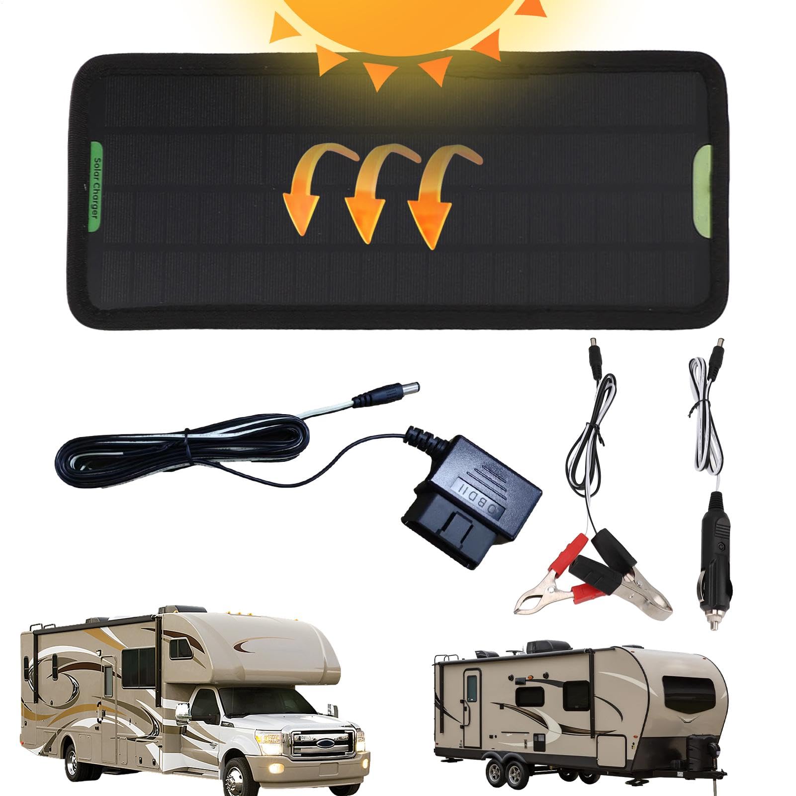 12V 5W Solar Trickle Charger for Car Battery - Waterproof Solar Panel Maintainer with Easy Installation | Multi-Vehicle Charging System for Motorcycle, Truck, RV & Boat | Perfect for Outdoor, Camping & Long-Term Parking
