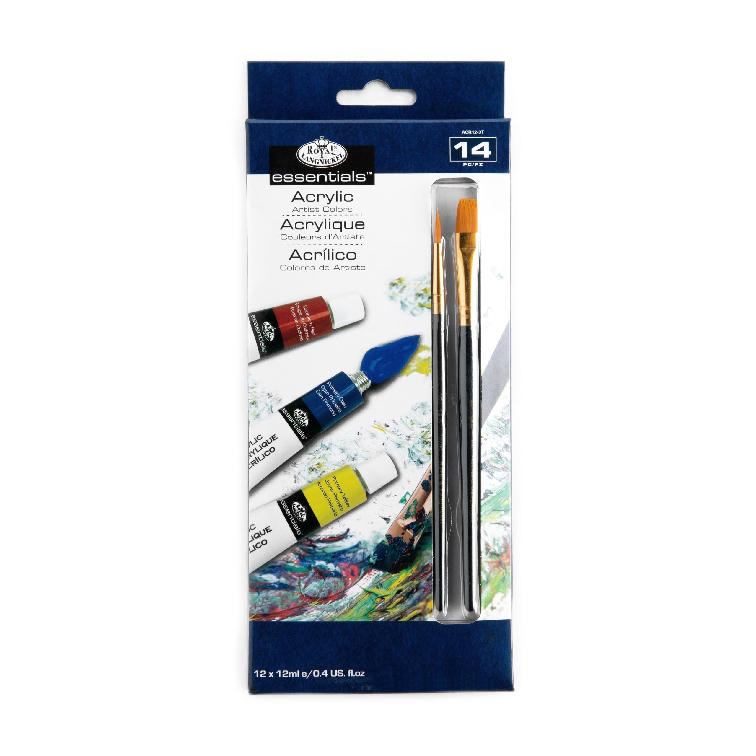 Royal & Langnickel Premium Acrylic Paint Set - 12 Vibrant Colors & 2 Professional Paint Brushes for Artists, Beginners & Hobbyists - Perfect for Canvas Painting, DIY Crafts & Home Decor Projects