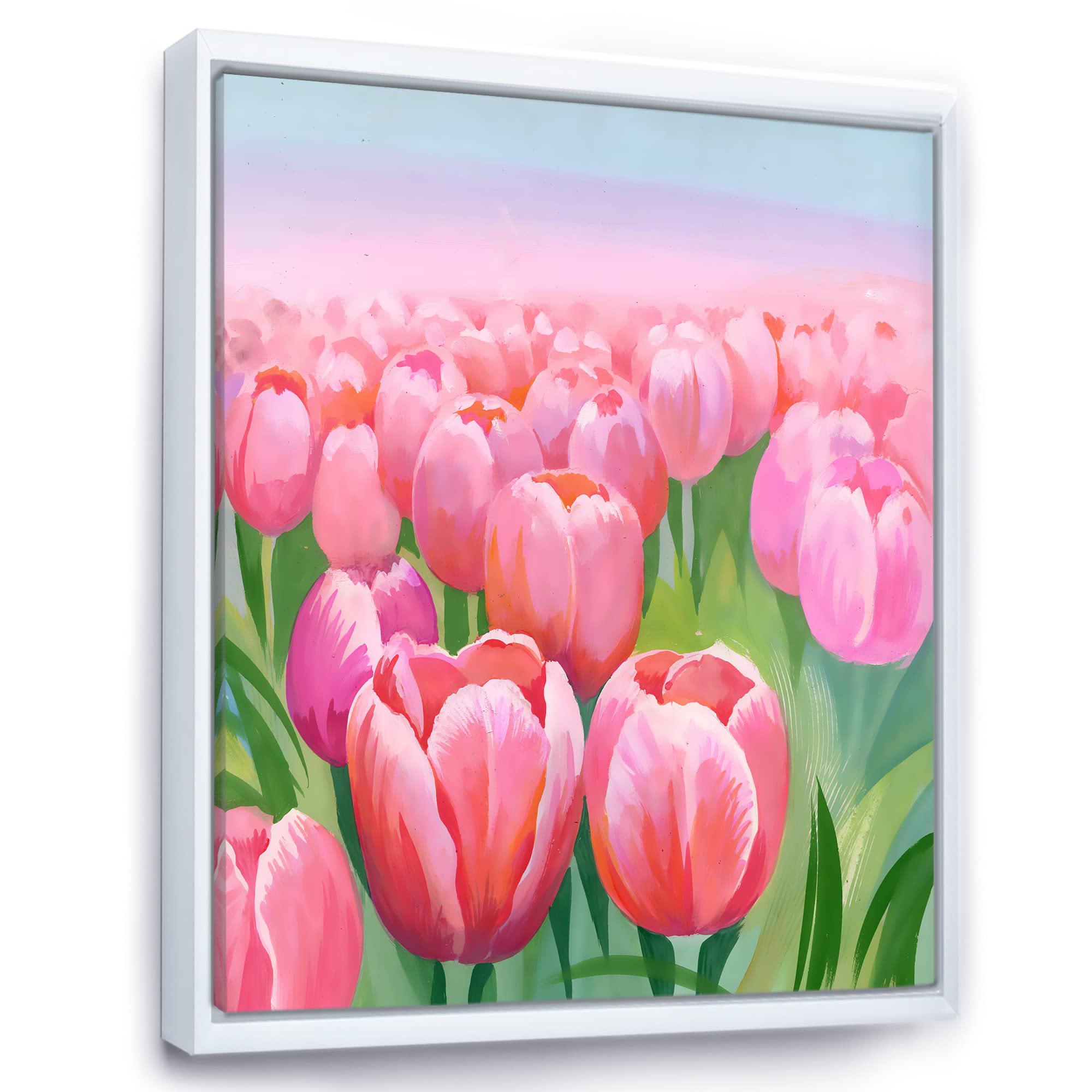 Field of Pink Tulips Framed Canvas Wall Art - Traditional Floral Painting for Living Room, Bedroom & Office Decor