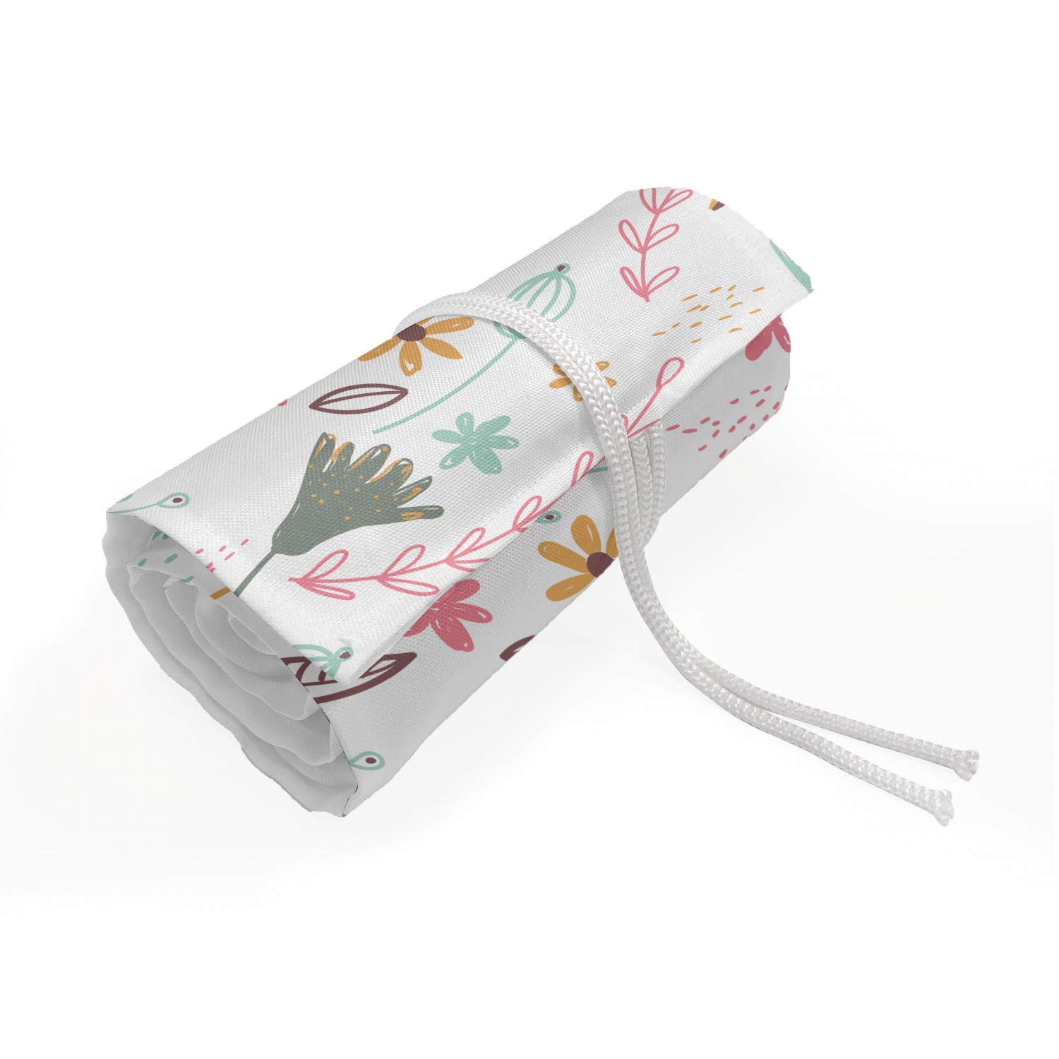 Ambesonne Botanical Roll Up Pencil Holder - 72 Loop Pencil Case for Artists & Students, Forest Herbs & Flowers Design, White & Multicolor - Perfect for Drawing, Painting, School & Office Organization