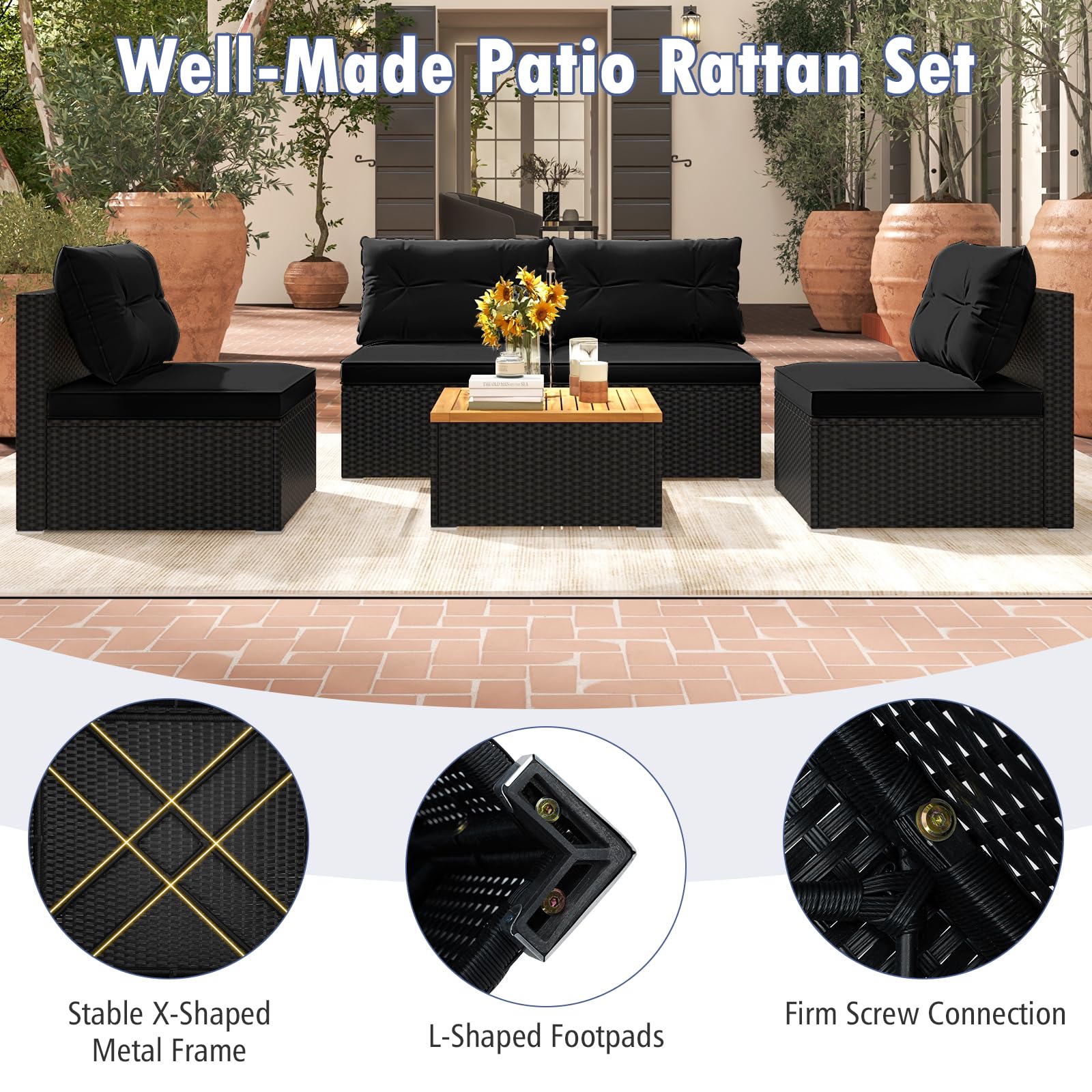 Tangkula 5-Piece Outdoor Rattan Sofa Set with Cushions & Square Coffee Table - Patio Furniture for Backyard, Poolside, Garden (Black) | Perfect for Relaxing, Entertaining & Outdoor Gatherings