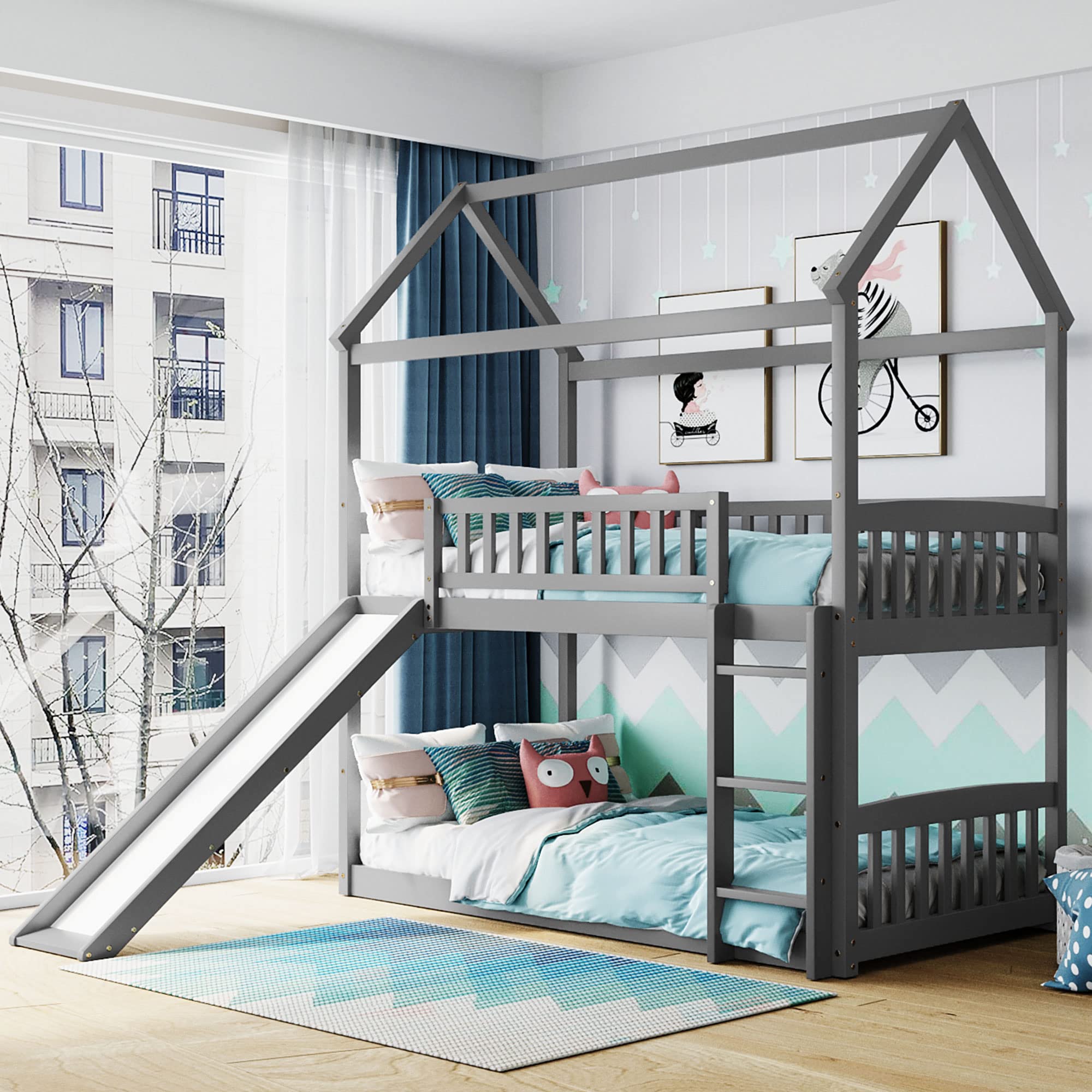 Twin Over Twin Bunk Bed with Slide - Kids House Bunk Bed Frame in Grey | Space-Saving Loft Bed for Small Rooms | Perfect for Siblings Sharing Bedroom or Sleepovers