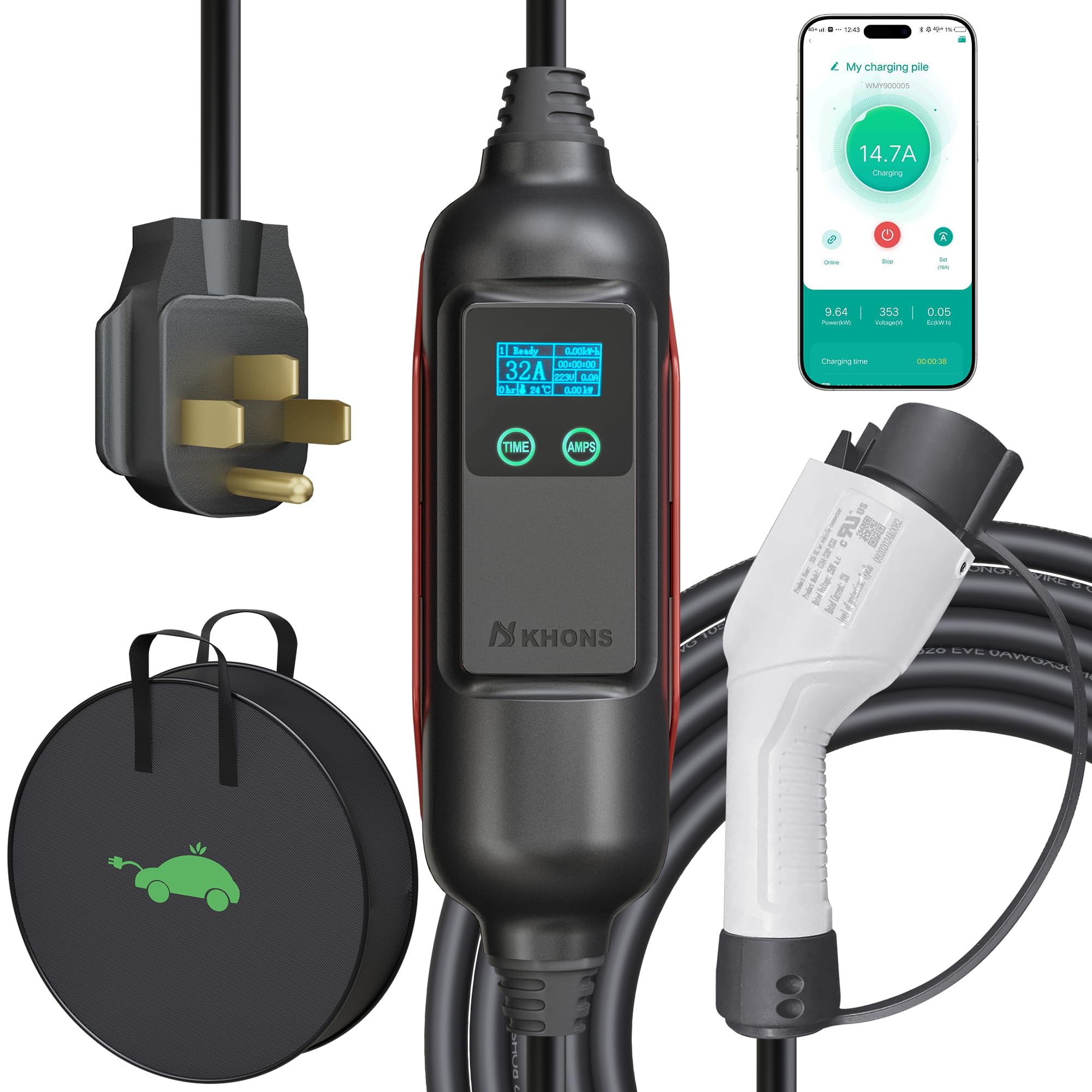 32Amp 240V Level 2 EV Charger with J1772 Connector - Portable Electric Vehicle Charging Station with Adjustable Current, NEMA 14-50 Plug & Smart APP Control - Perfect for Home, Office & Public Charging Stations