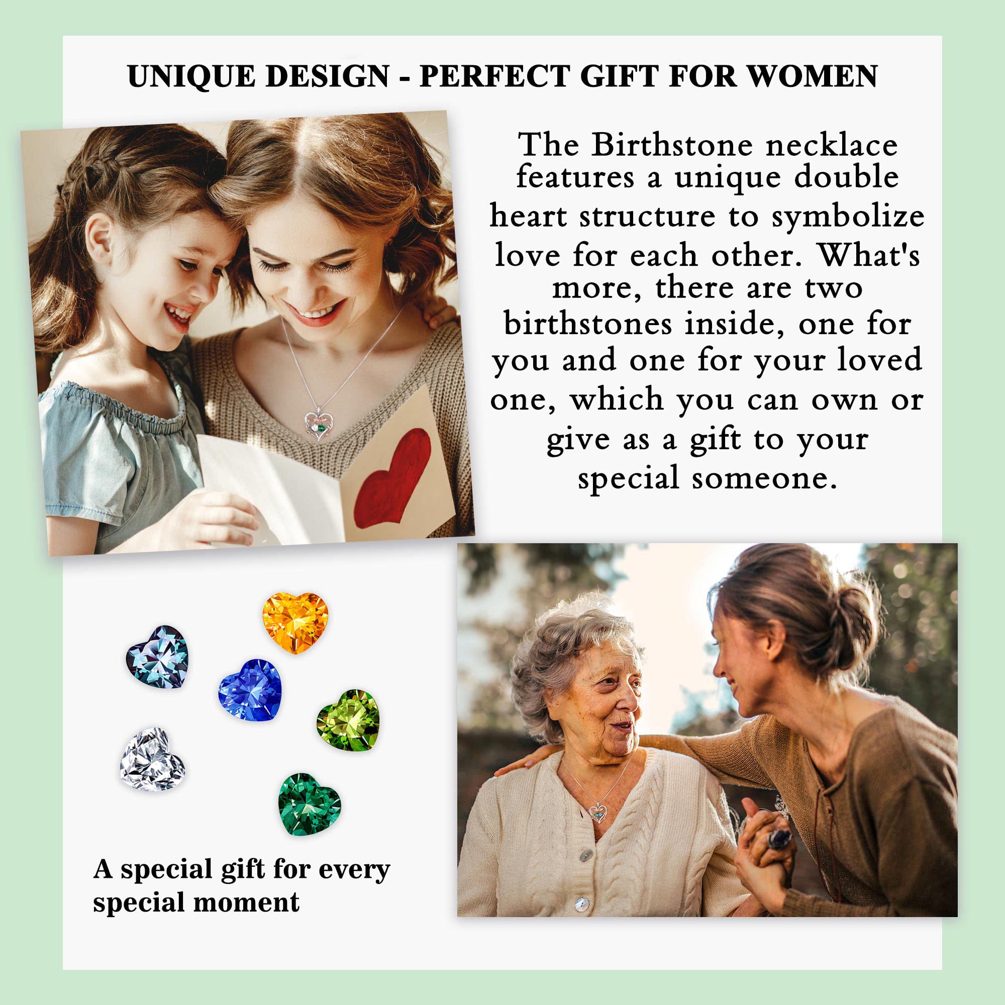 Rose Heart Double Birthstone Necklace for Women - Personalized Jewelry Gift for Wife, Girlfriend, Mom, Grandma | Birthday, Anniversary, Valentine's Day Present | Elegant Gemstone Pendant for Everyday Wear & Special Occasions