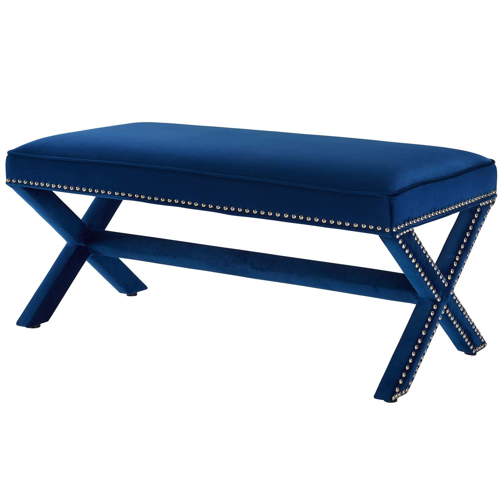 Modern Contemporary Living Lounge Accent Chair Bench - Velvet Fabric with Copper Nail Rivet Trim in Navy Blue | Perfect for Living Room, Bedroom or Office Decor