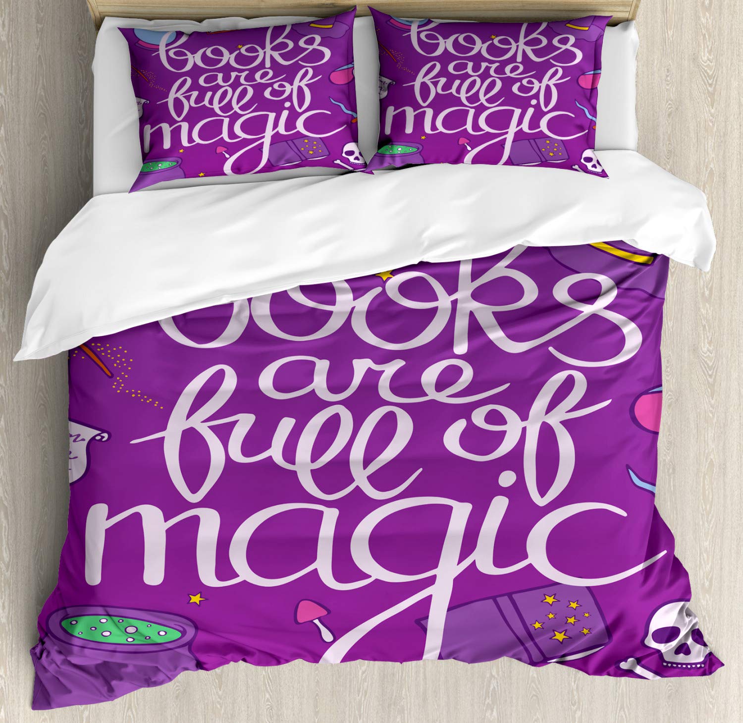 Ambesonne Queen Size 3-Piece Book Duvet Cover Set - Magic Book Theme with Witch Decor on Purple Background, Includes Duvet Cover & 2 Pillow Shams - Perfect for Book Lovers Bedroom, Reading Nook, or Witch-Themed Decor