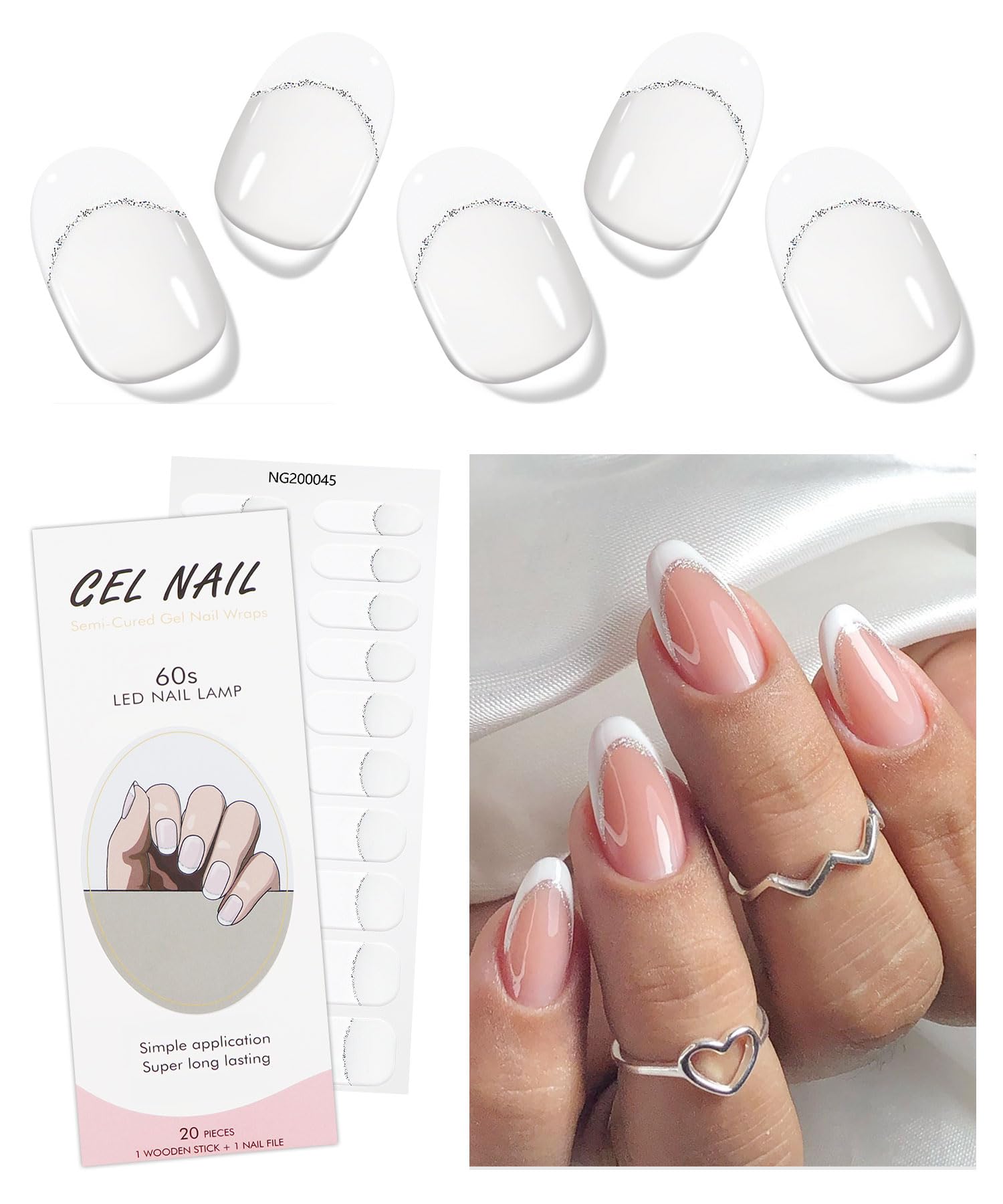JMEOWIO White French Tip Semi Cured Gel Nail Strips - Transparent UV/LED Gel Nail Stickers & Wraps for Nail Art Design - Perfect for Salon, Home Manicure, Bridal Nails & Party Nail Decoration