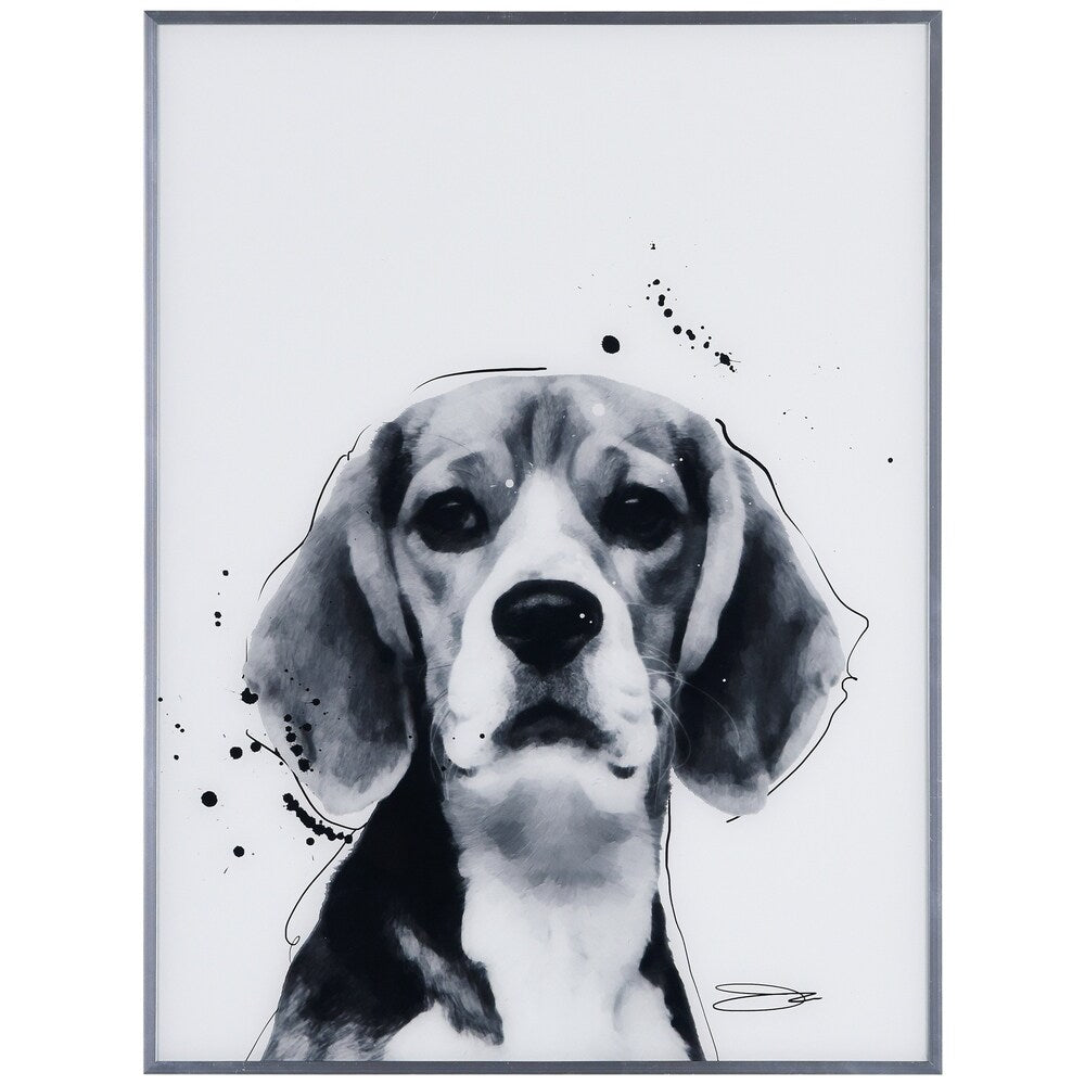 Beagle Black and White Dog Wall Art - Reverse Printed Glass with Gunmetal Anodized Frame - Perfect for Living Room, Bedroom & Office Decor