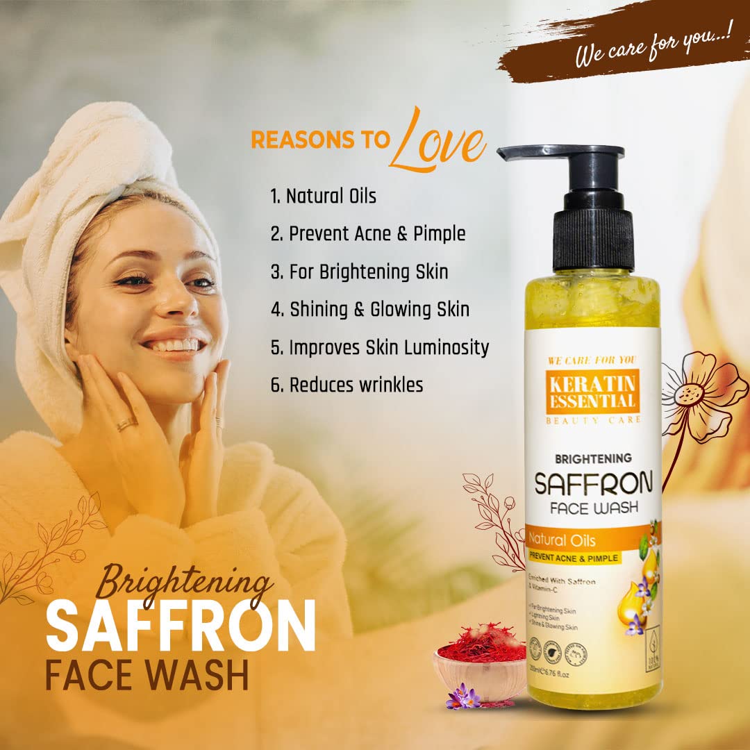 KERATIN ESSENTIAL Saffron Face Wash with Saffron & Lavender Extracts - 200ml Gentle Cleanser for Brightening & Hydrating Skin | Perfect for Daily Skincare Routine & Acne-Prone Skin