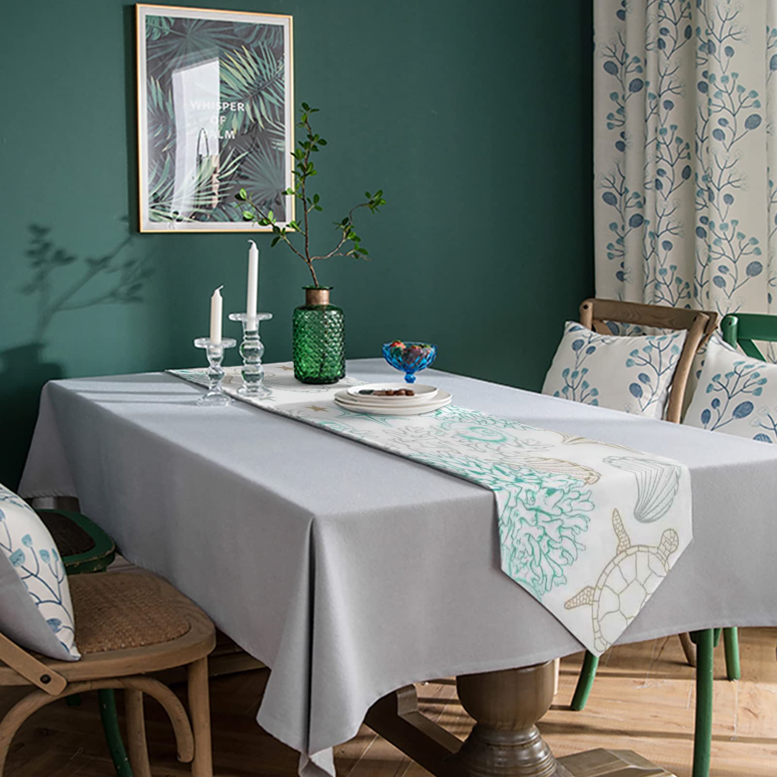 Chucoco Summer Ocean Sea Turtle Table Runner - Seaweed Shell Linen Burlap Table Scarf for Kitchen, Dining Room, Dresser - Durable & Washable Indoor/Outdoor Home Decor - Perfect for Beach Themed Parties, Coastal Weddings & Underwater Life Decorations