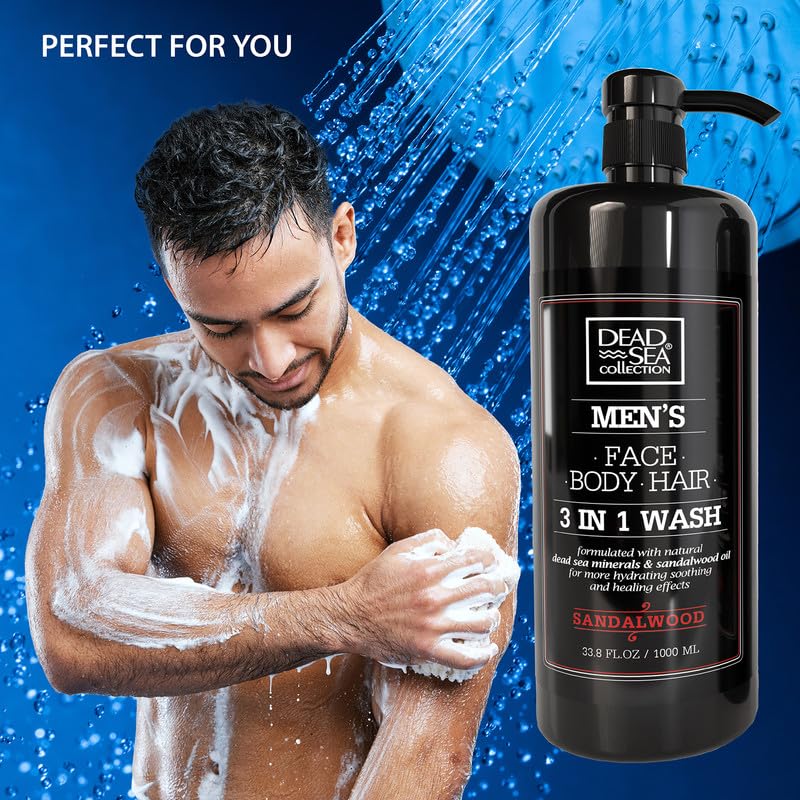 Dead Sea Collection 3-in-1 Men's Body Wash, Shampoo & Face Wash - Sandalwood Scented Shower Gel for Men (33.8 Fl Oz) - Hydrating & Refreshing for Daily Shower, Gym & Travel Use