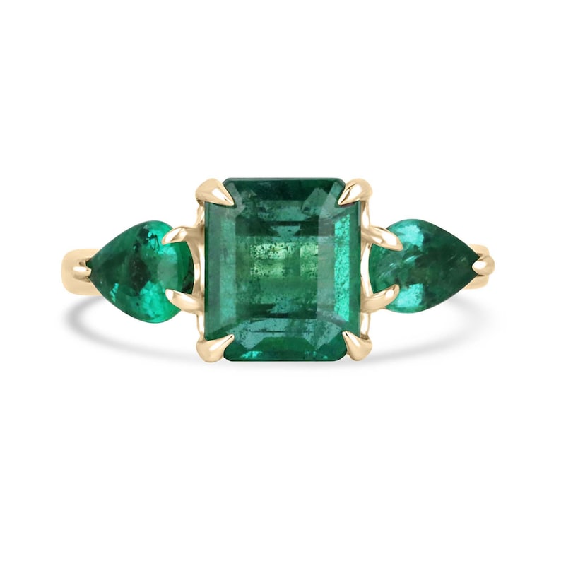 3.08tcw 14K Gold Natural Emerald Cut Emerald & Pear Lush Dark Green Three Stone Engagement Ring - Perfect for Wedding, Anniversary & Special Occasion Gifts