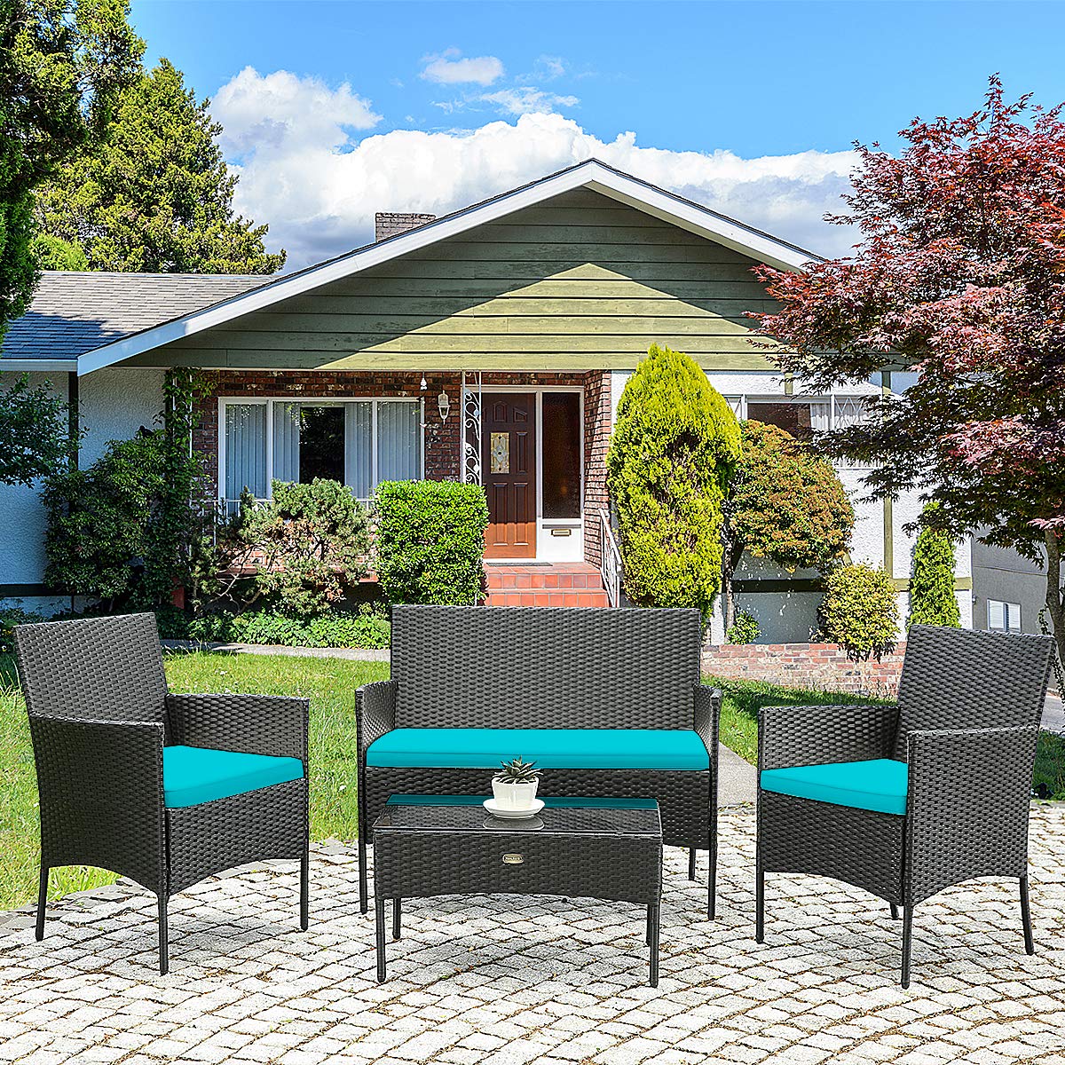 HAPPYGRILL 4-Piece Outdoor Patio Furniture Set - Rattan Wicker Conversation Sofa with Tempered Glass Top Table & Removable Cushions - Perfect for Poolside, Garden, Backyard, and Patio Relaxation
