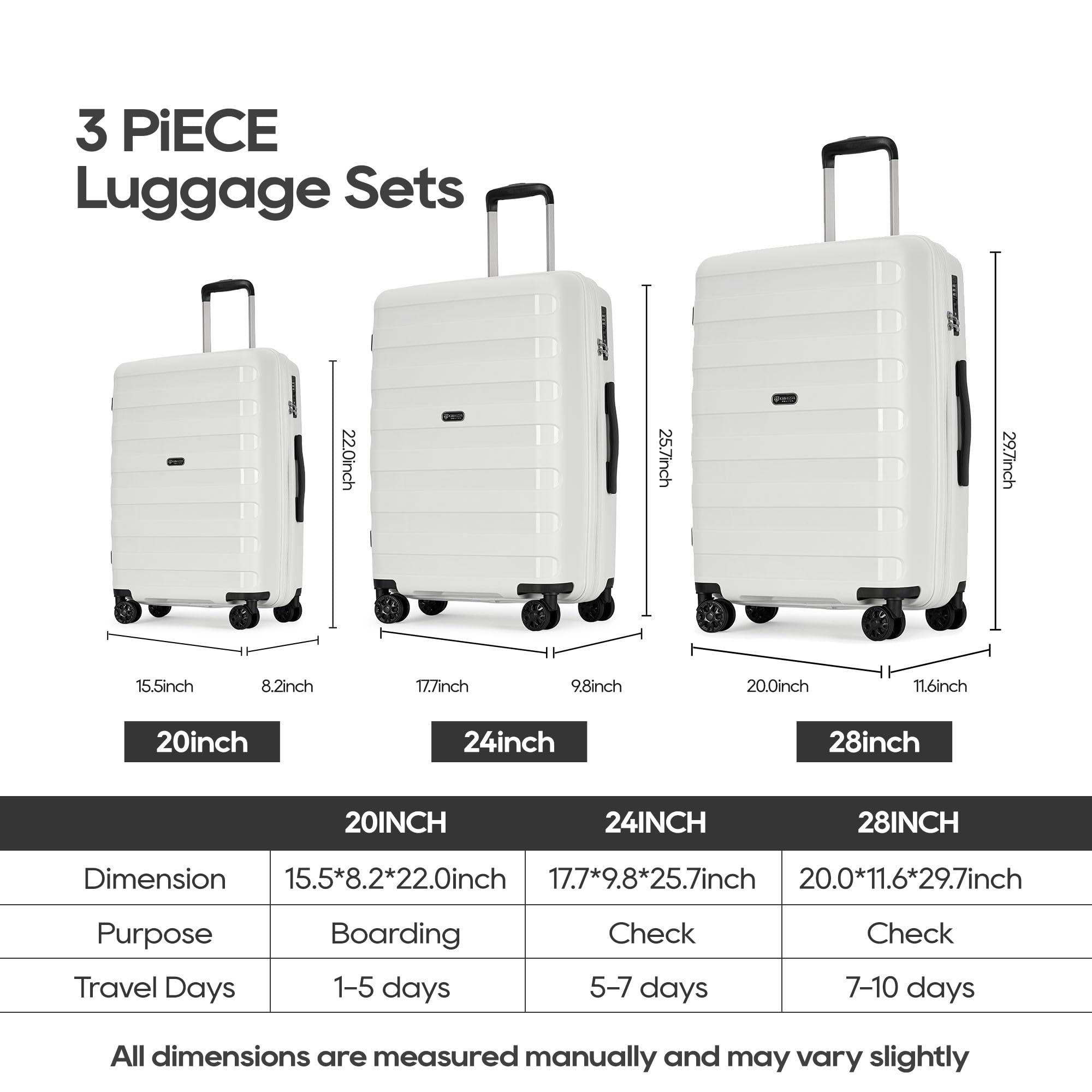 Expandable 3-Piece PP Luggage Set with Spinner Wheels & TSA Lock - 20/24/28 Inch Suitcases for Family Travel (White) - Perfect for Airplane Carry-On, Vacation Trips & Business Travel