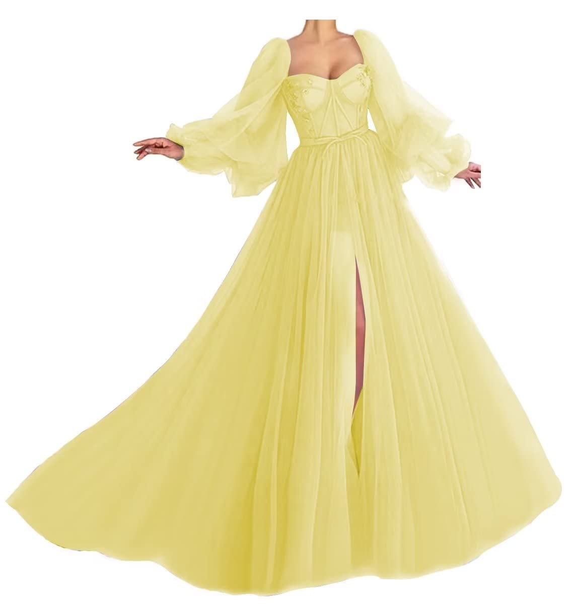 Elegant Yellow Tulle Prom Dress with Long Sleeves & Corset - Women's Plus Size 20 Ball Gown for Homecoming, Wedding, or Special Occasions