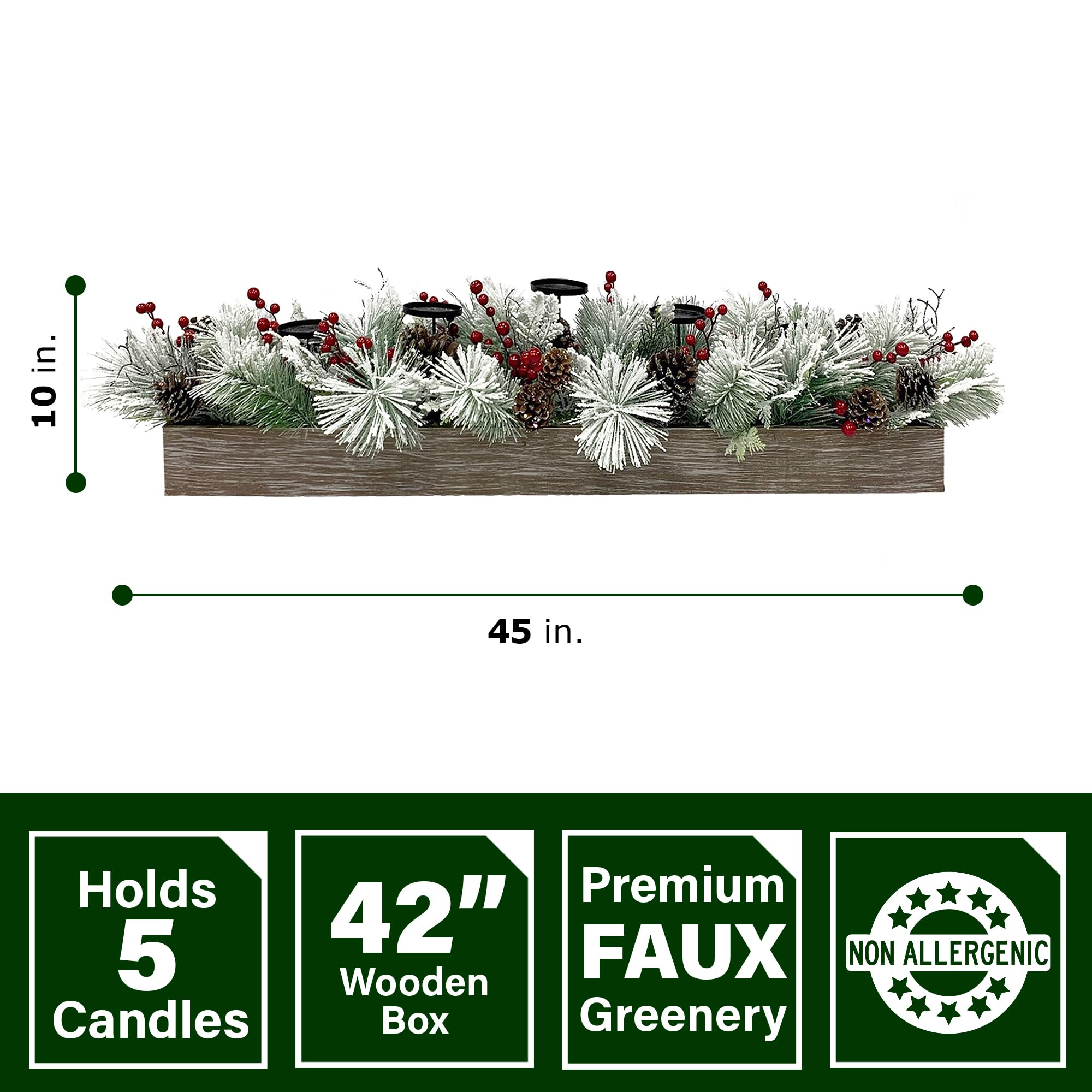 Fraser Hill Farm 42-Inch Frosted Pine Christmas Tabletop Candle Holder with Red Berries & Pinecones - Holds 5 Pillar Candles, Holiday Home Decor for Mantel, Dining Table & Festive Centerpieces