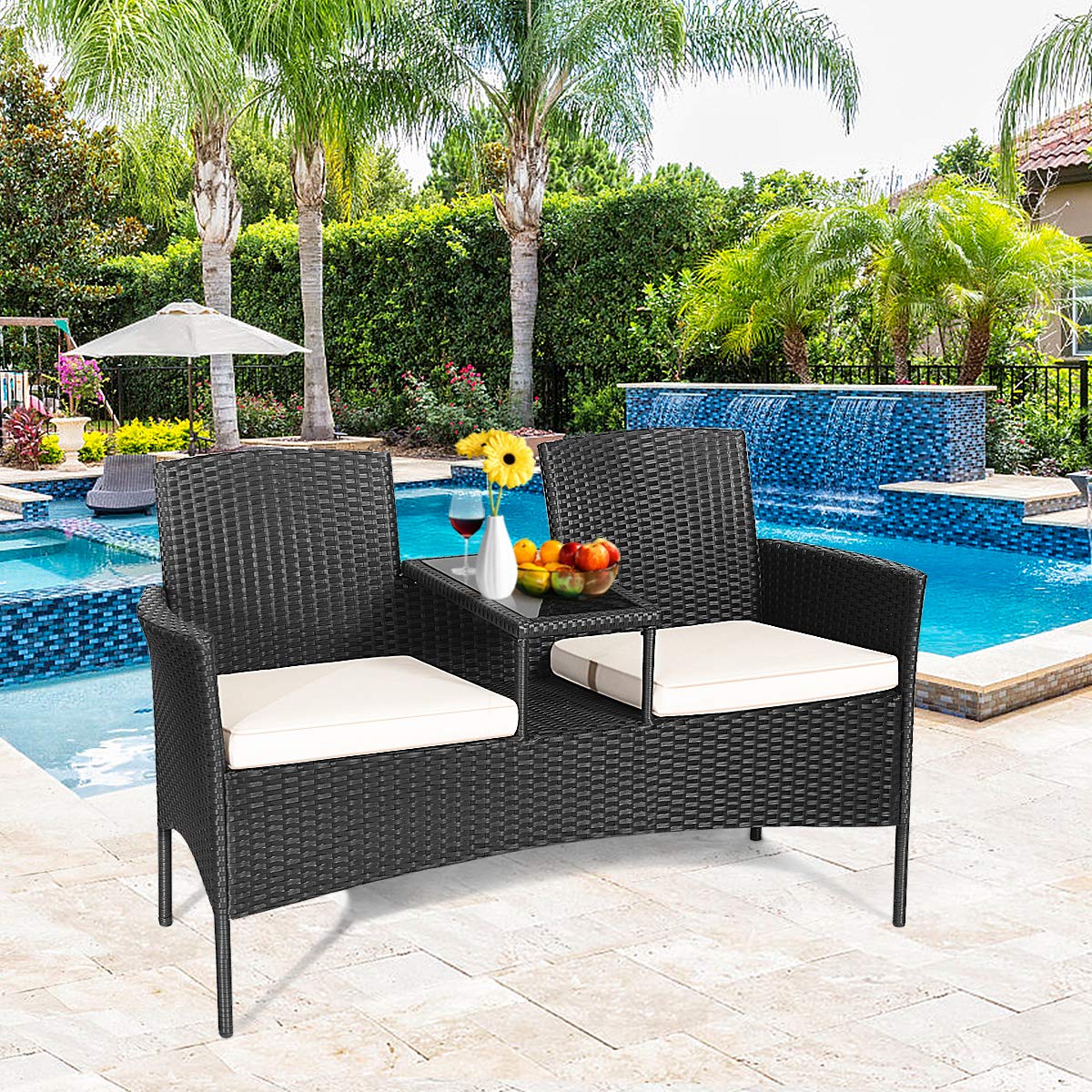 Modern White Outdoor Rattan Loveseat Sofa Set with Cushions & Glass Table - Patio Conversation Furniture for Garden, Lawn, Backyard - Perfect for Relaxing, Entertaining Guests, and Enjoying Outdoor Gatherings