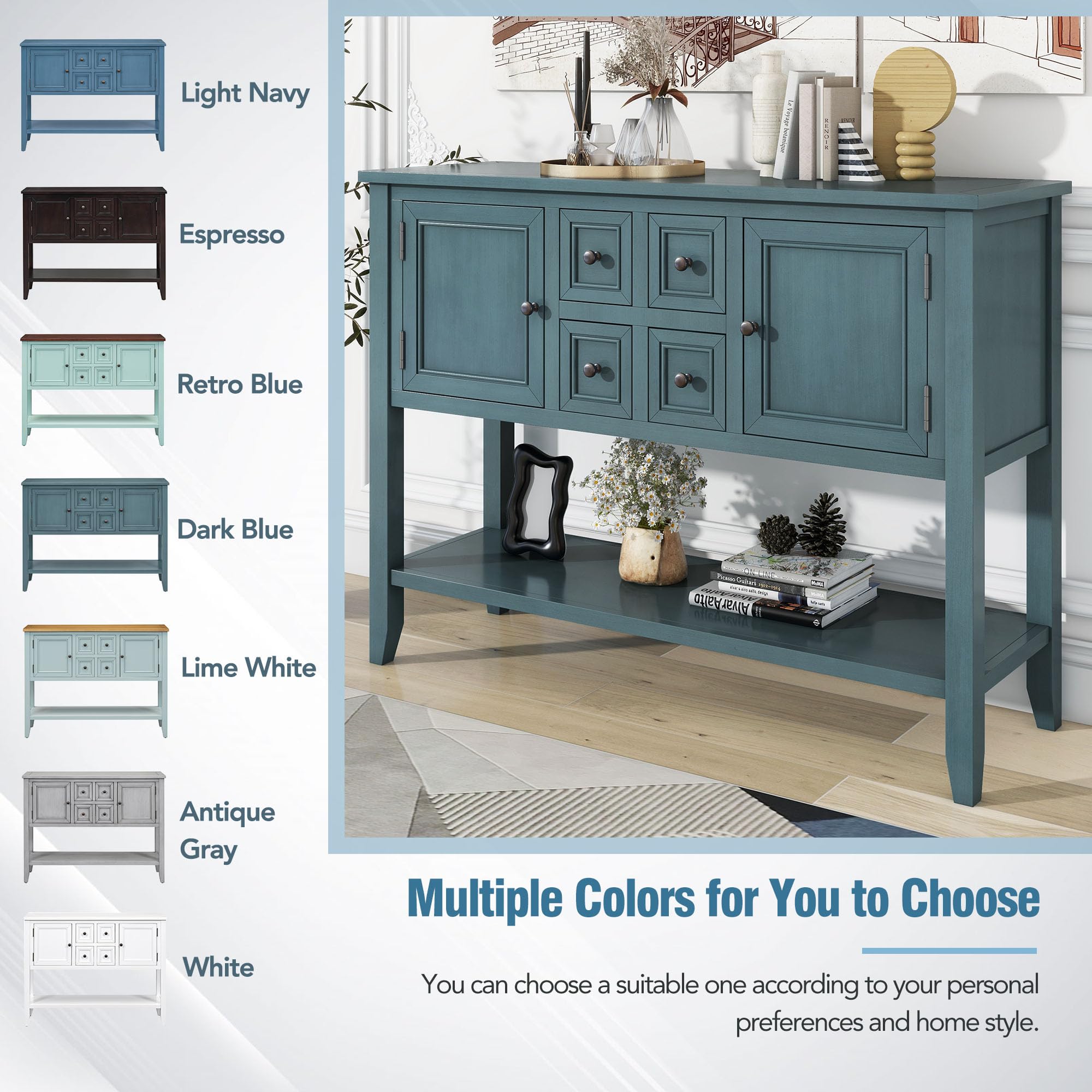 Retro Style Dark Blue Wood Console Table with Bottom Shelf & Storage Drawers - Buffet Sideboard for Living Room, Kitchen, or Entryway - Perfect for Home Decor & Extra Storage Space