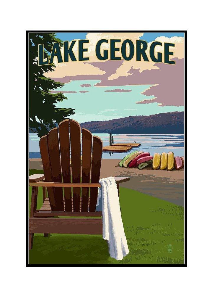 Lake George New York Landscape Art - 24x36 Framed Canvas Print of Adirondack Chairs by the Lake - Perfect for Living Room, Bedroom or Office Wall Decor