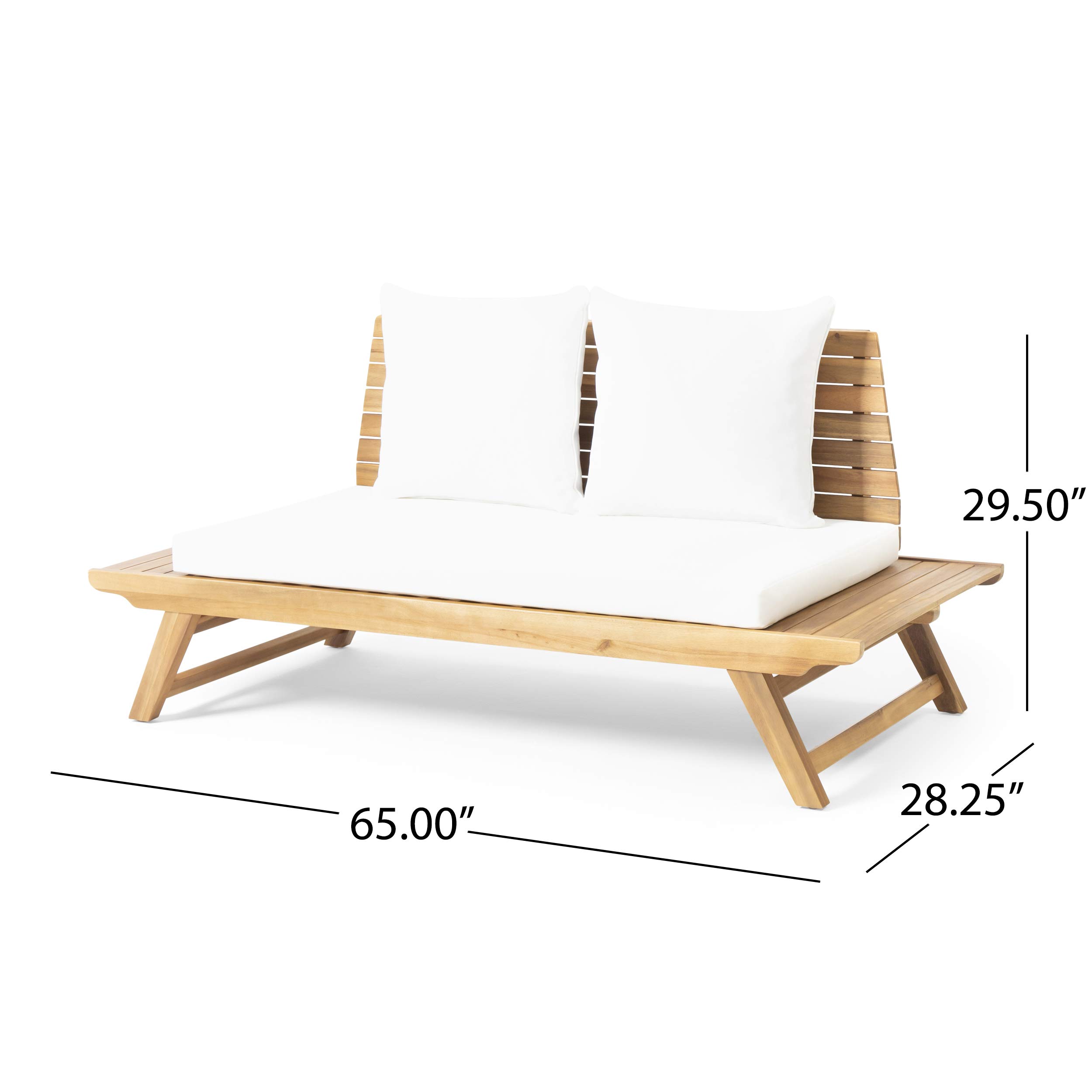 GDFStudio Outdoor Wooden Loveseat with Cushions - White & Teak Finish Patio Furniture Set for Garden, Porch, and Backyard Relaxation