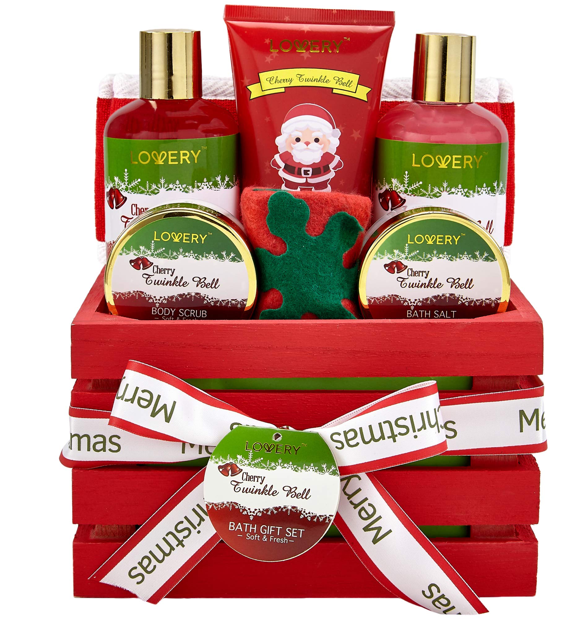 Luxury Cherry Twinkle Bell Christmas Spa Gift Set for Women & Men - Fragrant Body Lotion, Bath Salts, Loofah Scrubber | Perfect Holiday Stocking Stuffer & Relaxing Home Spa Experience
