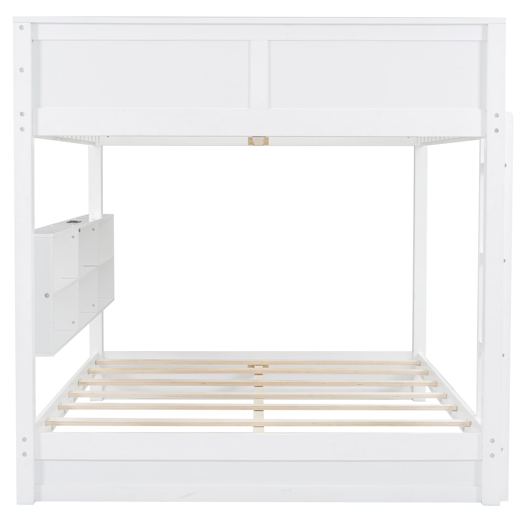 Merax Queen Over Queen Bunk Bed with Storage Shelves & USB Ports - Solid Wood Space-Saving Bunk Bed for Adults & Kids - Perfect for Small Bedrooms, Guest Rooms & Vacation Homes