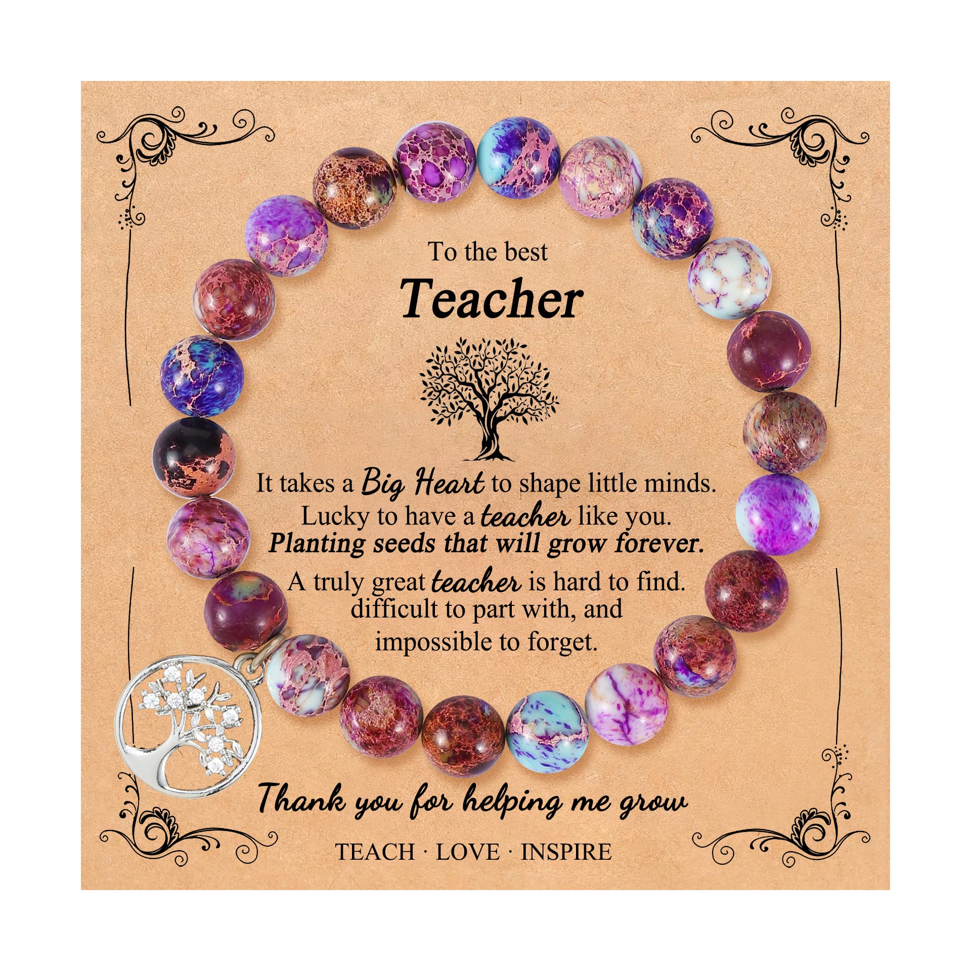 Teacher Bracelet Gift for Women - Natural Stone Jewelry with Apple Bee Charm for Graduation & Appreciation - Class of 2024