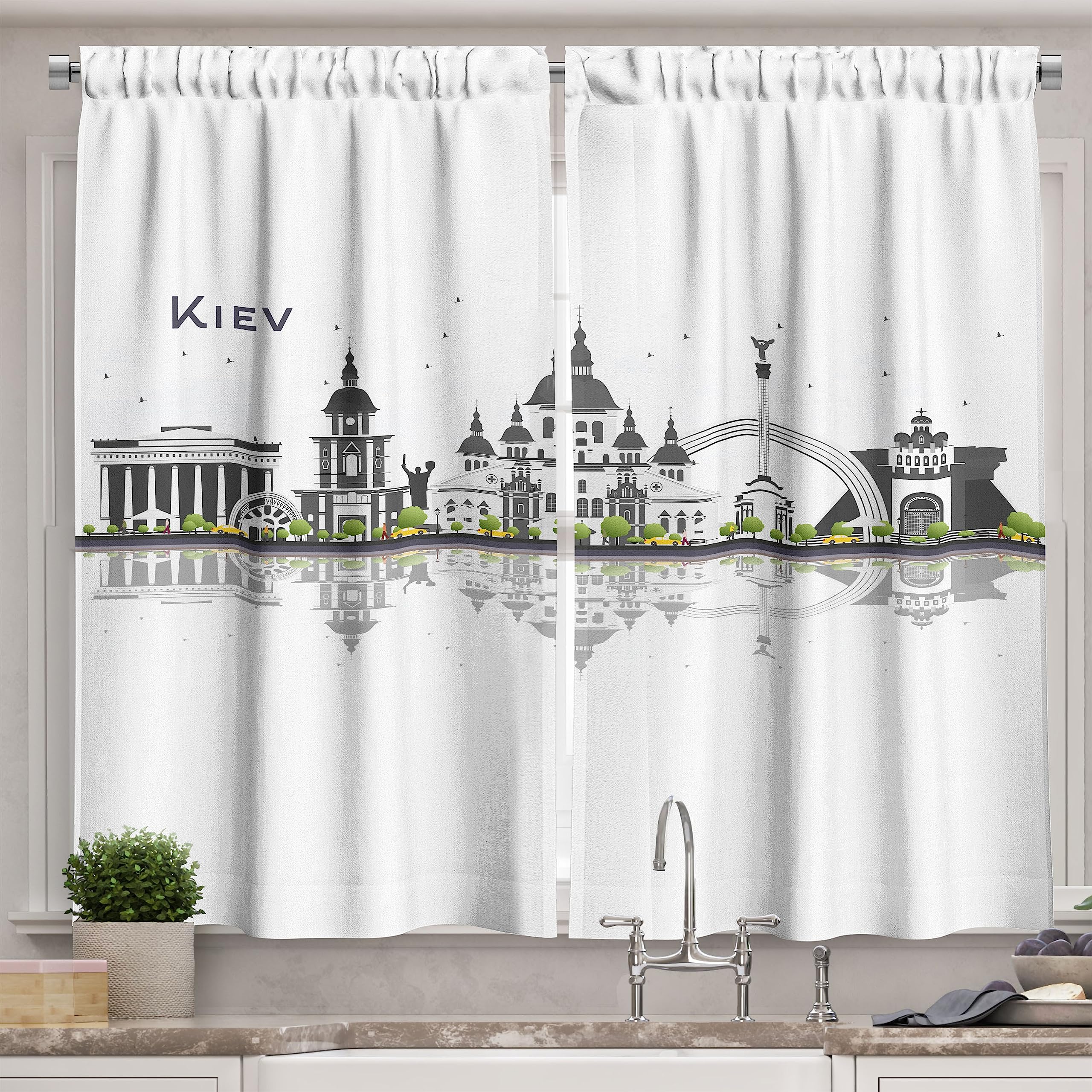 Ambesonne Travel Themed Kitchen Curtains - Modern Kiev Skyline with Iconic Landmarks & Water Reflections, 2 Panel Rod Pocket Drapes, 55x45 Inches, Dark Grey White Green - Perfect for Kitchen Windows, Dining Room & Travel Inspired Home Decor
