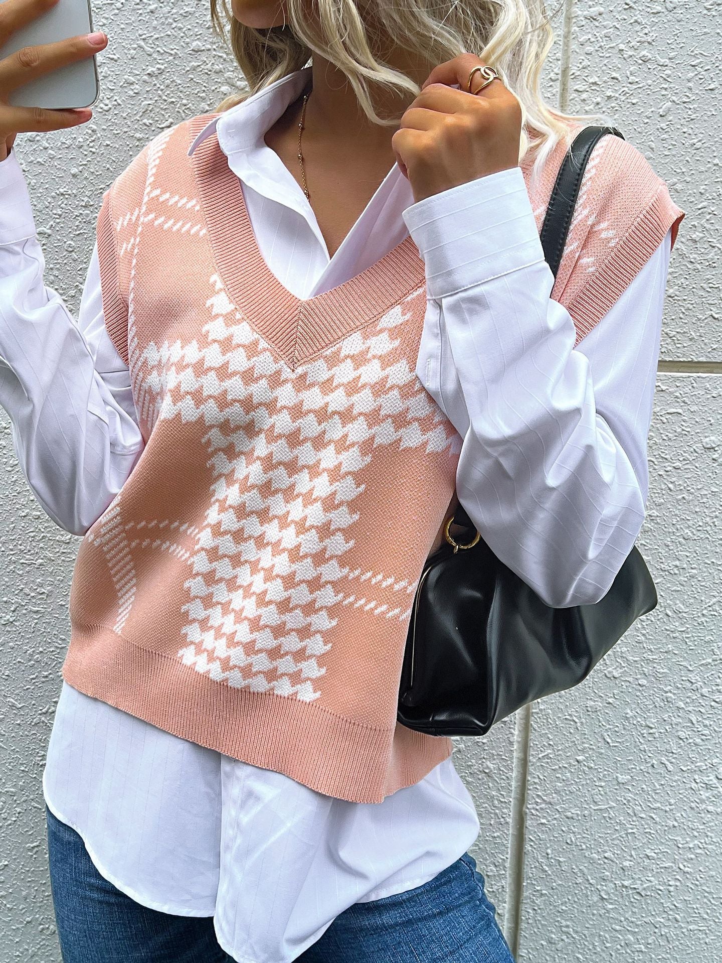 LOVEVOP Women's 2025 New Sleeveless Knit Vest - Thousand Bird Grid Pattern, Sweet & Spicy Style for Fall/Winter Fashion - Perfect for Layering, Office Wear & Casual Outfits