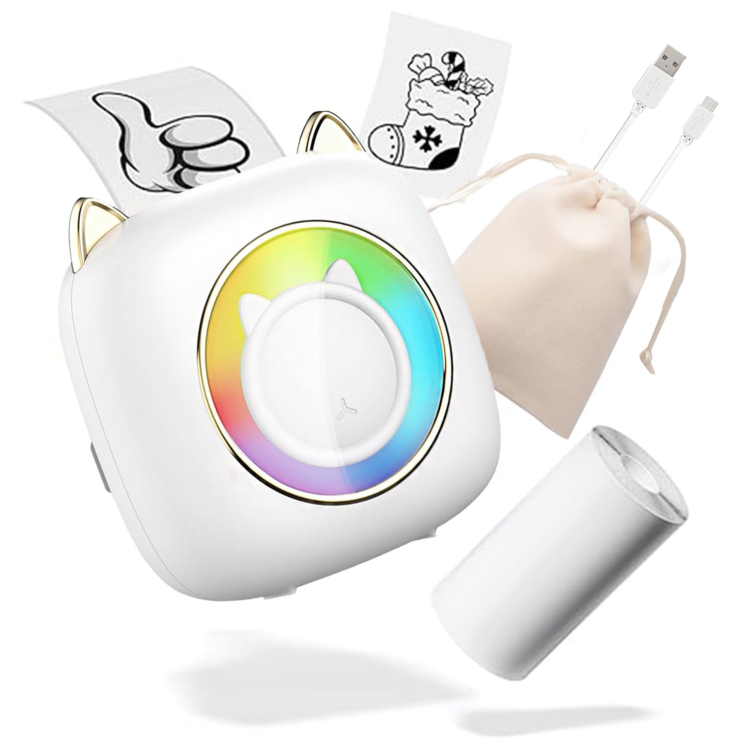 Supfoto Mini Thermal Label Printer with LED Light - Portable Sticker Maker for iOS & Android - Print Study Notes, Photos & DIY Stickers - Perfect for Christmas Gifts, Birthday Presents & School Projects (White)
